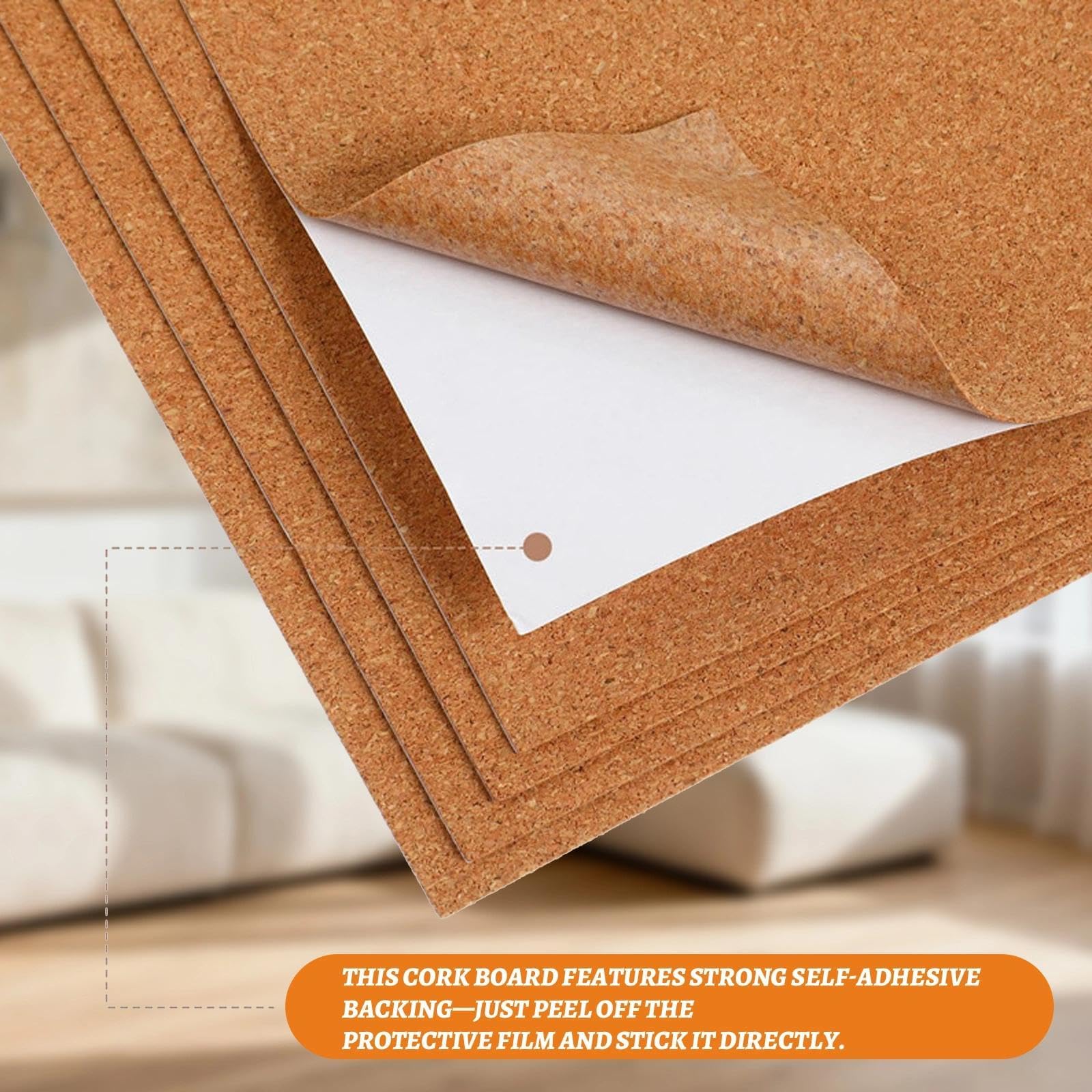 Pannello di sughero autoadesivo, 6 lastre di sughero da 30 x 21 cm, per la parete, rettangolari, in sughero, autoadesiva, spessore 1 mm, per decorazione da parete, decorazione da tavolo, foto