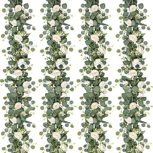 TOCHGREEN Paquete de 2 guirnaldas de flores artificiales de eucalipto de 13 pies con rosas blancas, guirnalda de flores de rosas falsas, enredaderas
