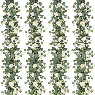 TOCHGREEN 4 Pack Artificial Eucalyptus Flower Garland with White Roses, ...