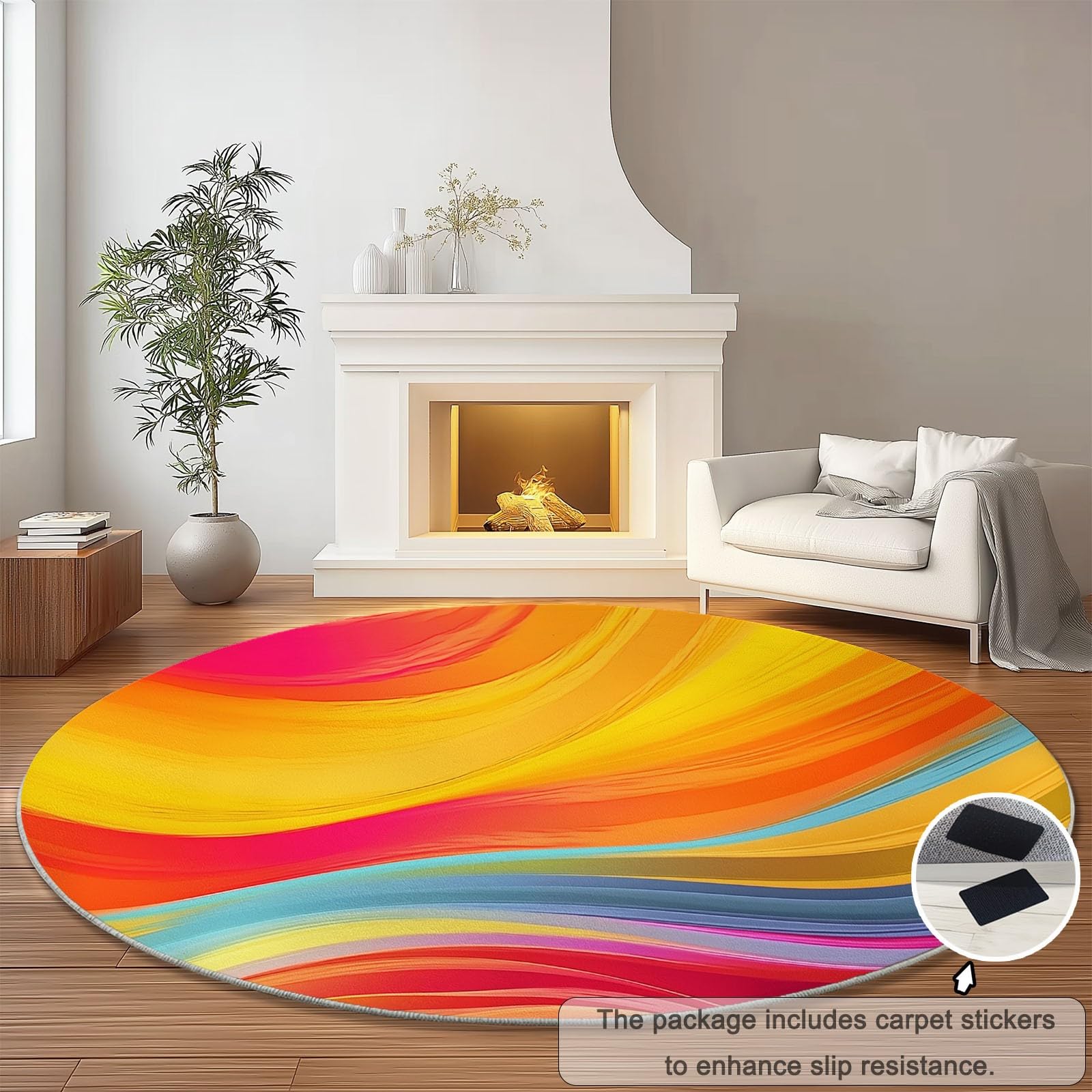 Generico Tappeto rotondo lavabile Colorato - Astratto Arcobaleno Onde Strisce Resistente interni Tappeti per Bambini Cameretta balcone sala da pranzo terrazza, 150 cm Antiscivolo Tappetino