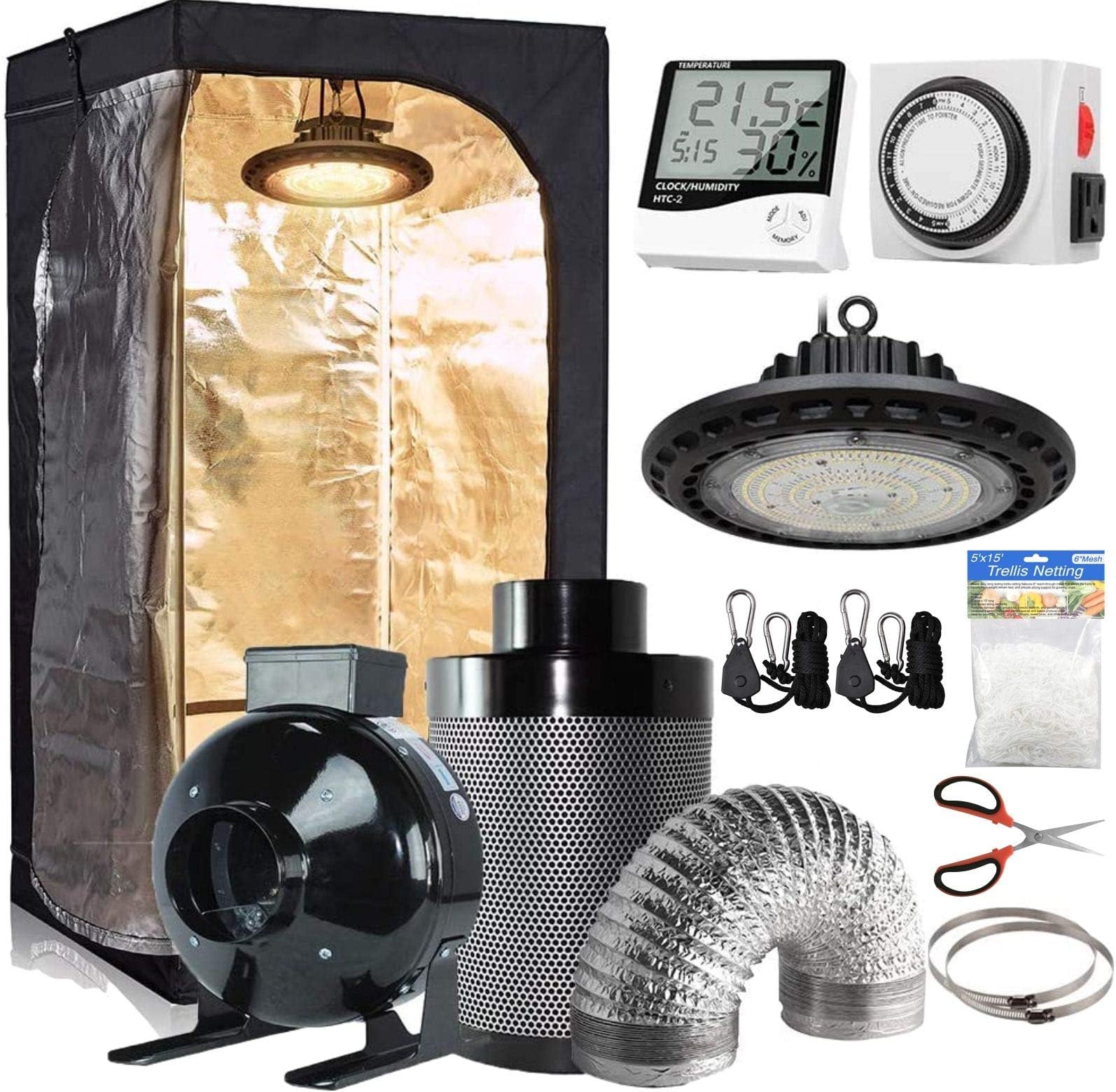 Grow Tent Complete Kit 32''x32''x63'' Dark Room with Five Hydroponics Growing Setup Accessories+300W LED Grow Light + 4" Carbon Filter Combo for Indoor Plants Hydroponics Growing System