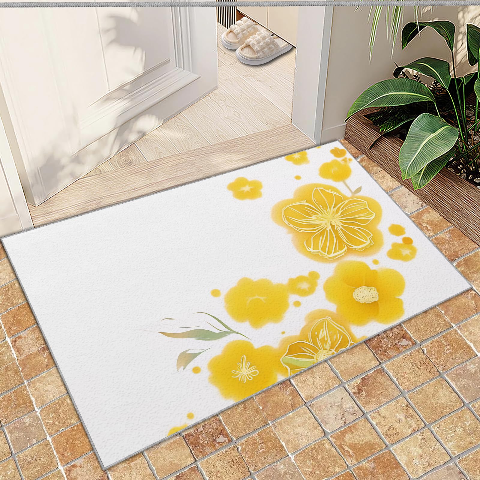 QDJKBL Entrance Rug 60 X 140 Cm Yellow Chrysanthemum Flowers Floral, Simple and Cute Plant Children'S Carpet Doormats, Entrance Carpet Fast Drying for Entryway