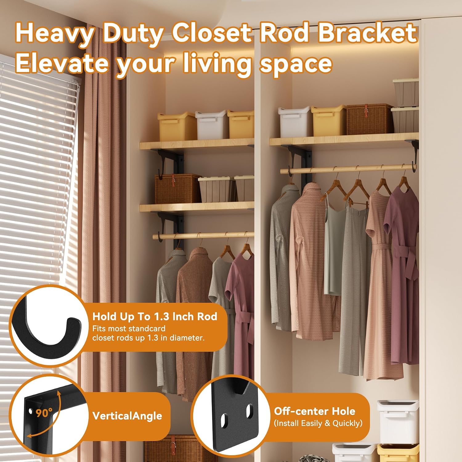 Heavy Duty Closet Rod Support Brackets 11 x 4.7 Inch,300lbs Capacity Wall Mounted Shelf Bracket with Screws for Closet Storage, Laundry Room, Kitchen Organization(6pack Black )