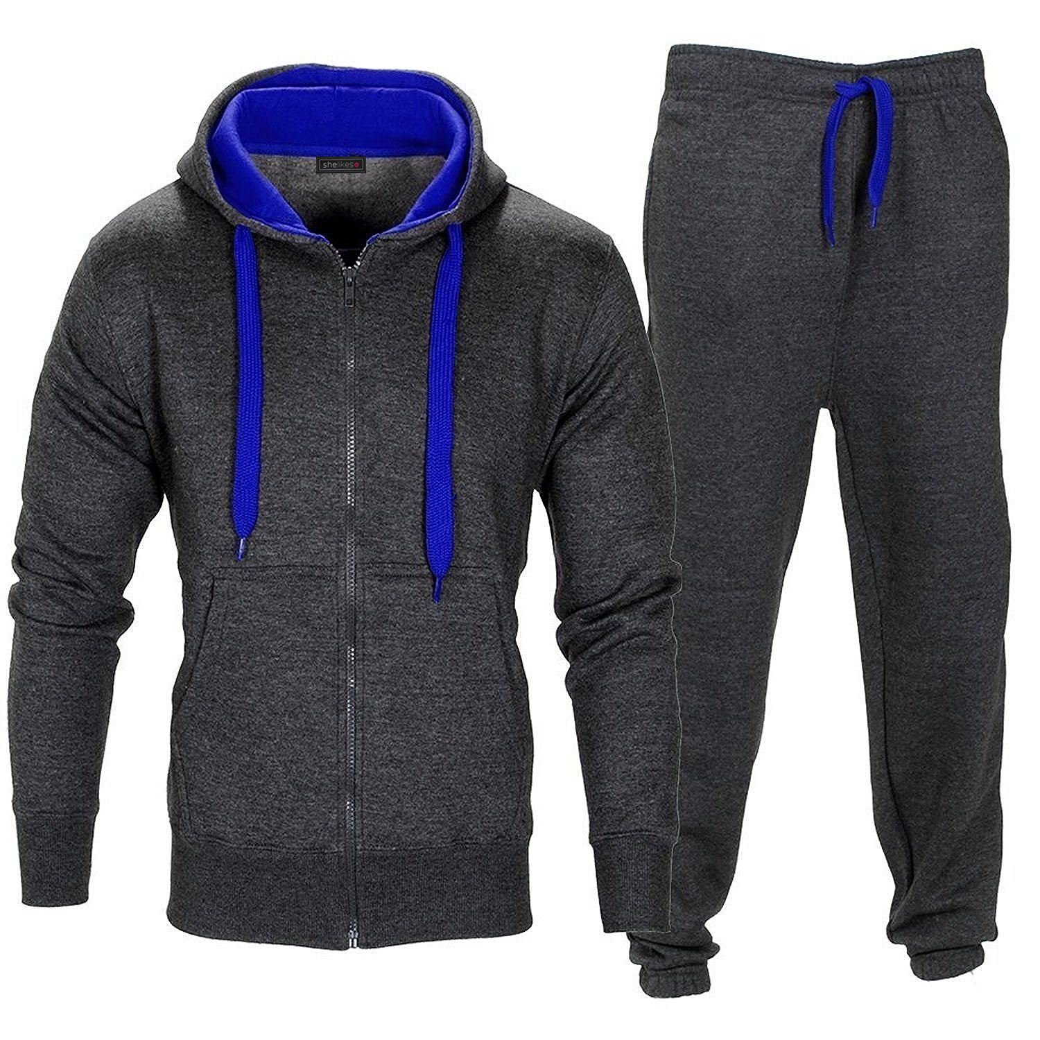 Shelikes Men's Charcoal/Blue Contrast Tracksuit Set Full Sleeve Fleece Zipper Hoodie Top Bottoms Jogging Joggers Sports Sweat Suit