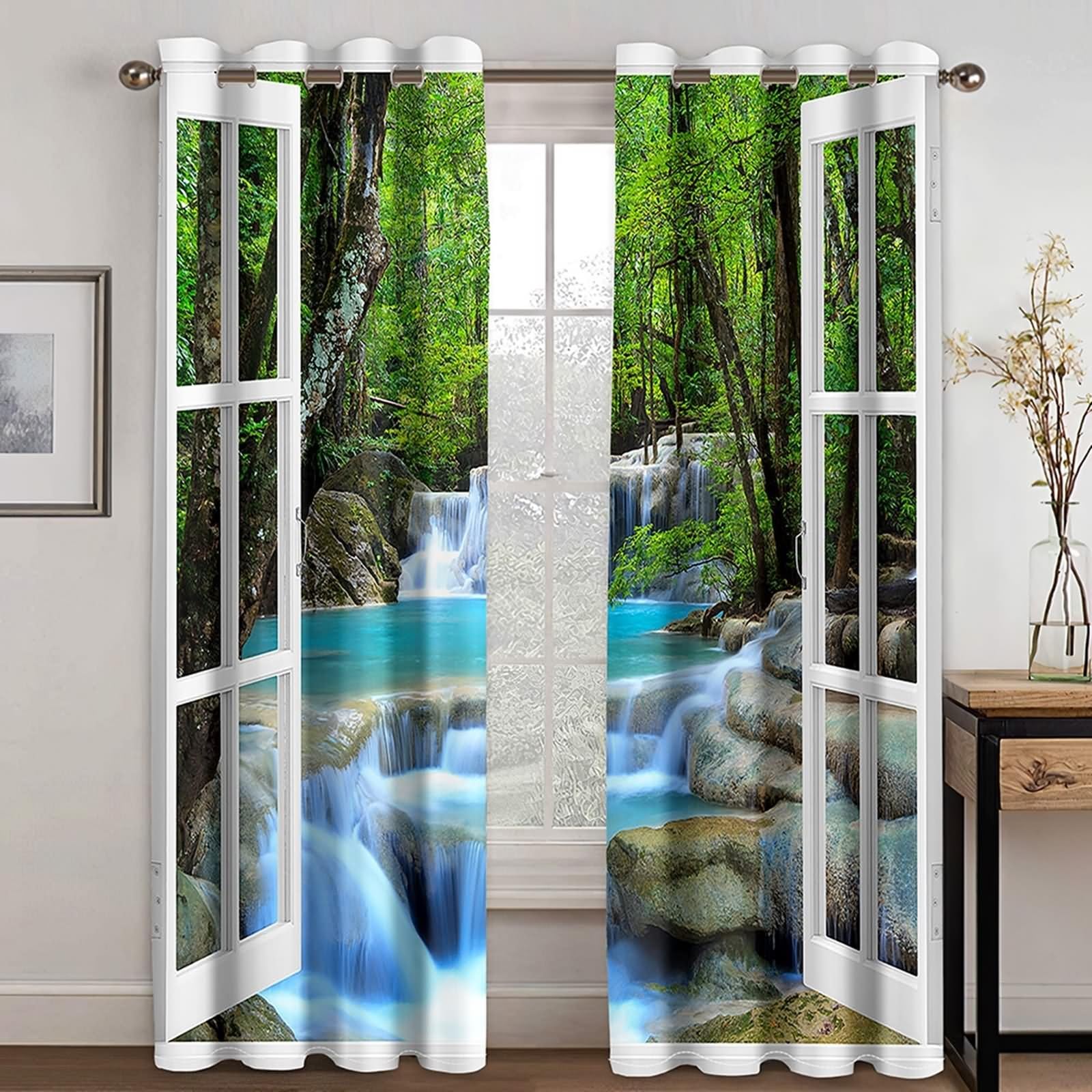 Rideau Boheme Chic, Rideaux Cuisine Vert Blanc Cadre de Fenêtre de Paysage Naturel Polyester 2 Panneaux 192x138cm