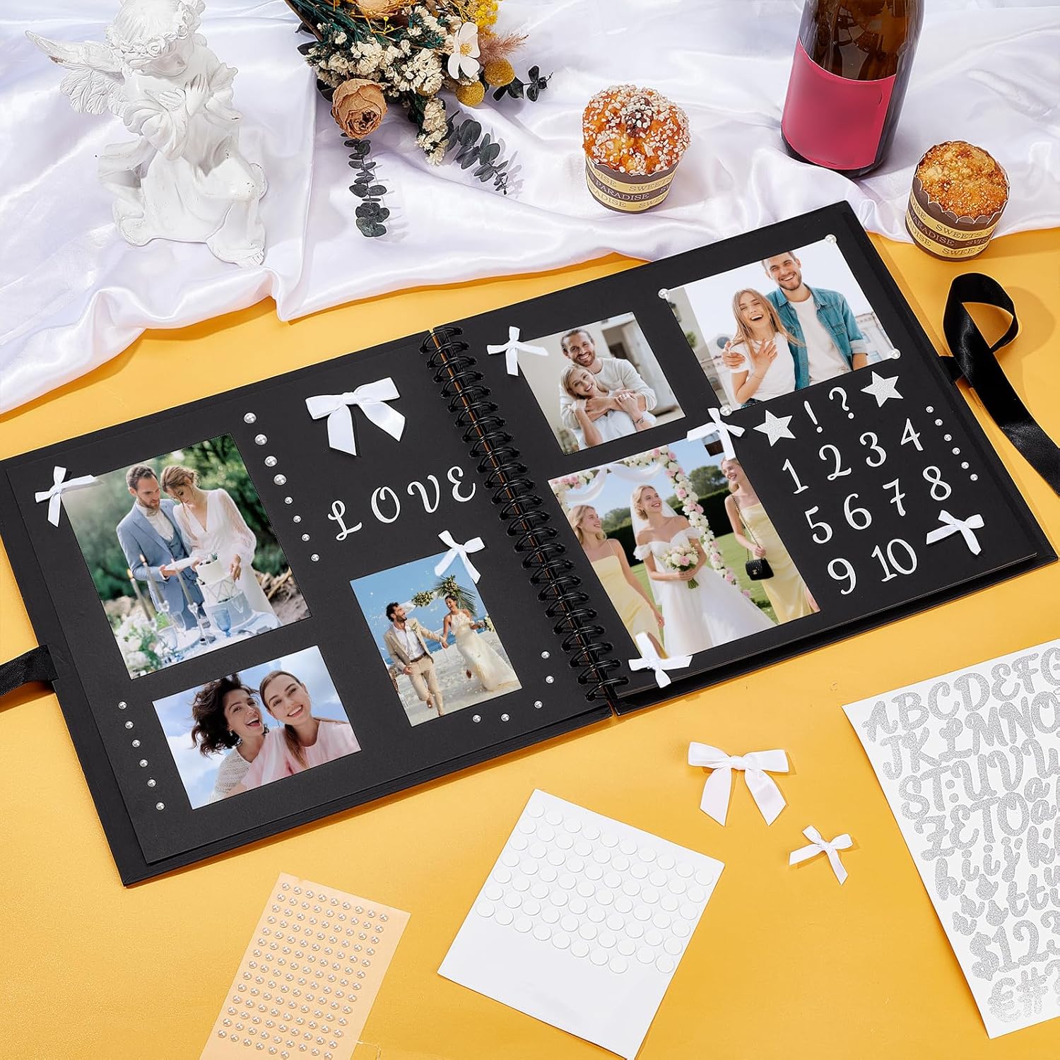 GLASSWINDS Letters to The Bride Scrapbook Kit 12 X 12 Inch Wedding Memory Book DIY Blank Paper Wedding Photo Album Scrapbook Supplies with Pearl Stickers, Metallic Letters, Bows (Black)
