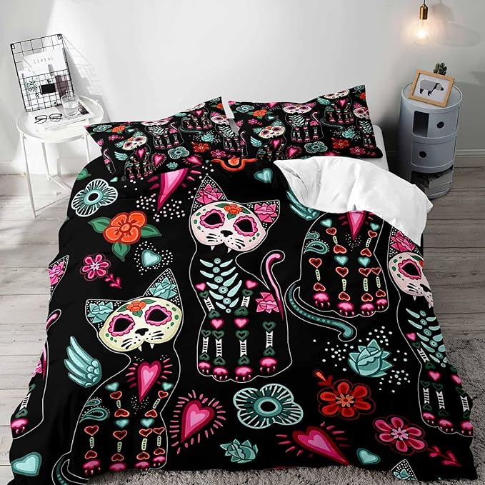 LUVIVIHOME 3PCS Cat Sugar Skull Bedding Set, Black Duvet Cover Queen Day of The Dead Mexican Fiesta Dia de Los Muertos Gothic Skeleton Kitten Sugar Skull Comforter Bedspread Quilt Cover 2 Pillow Shams