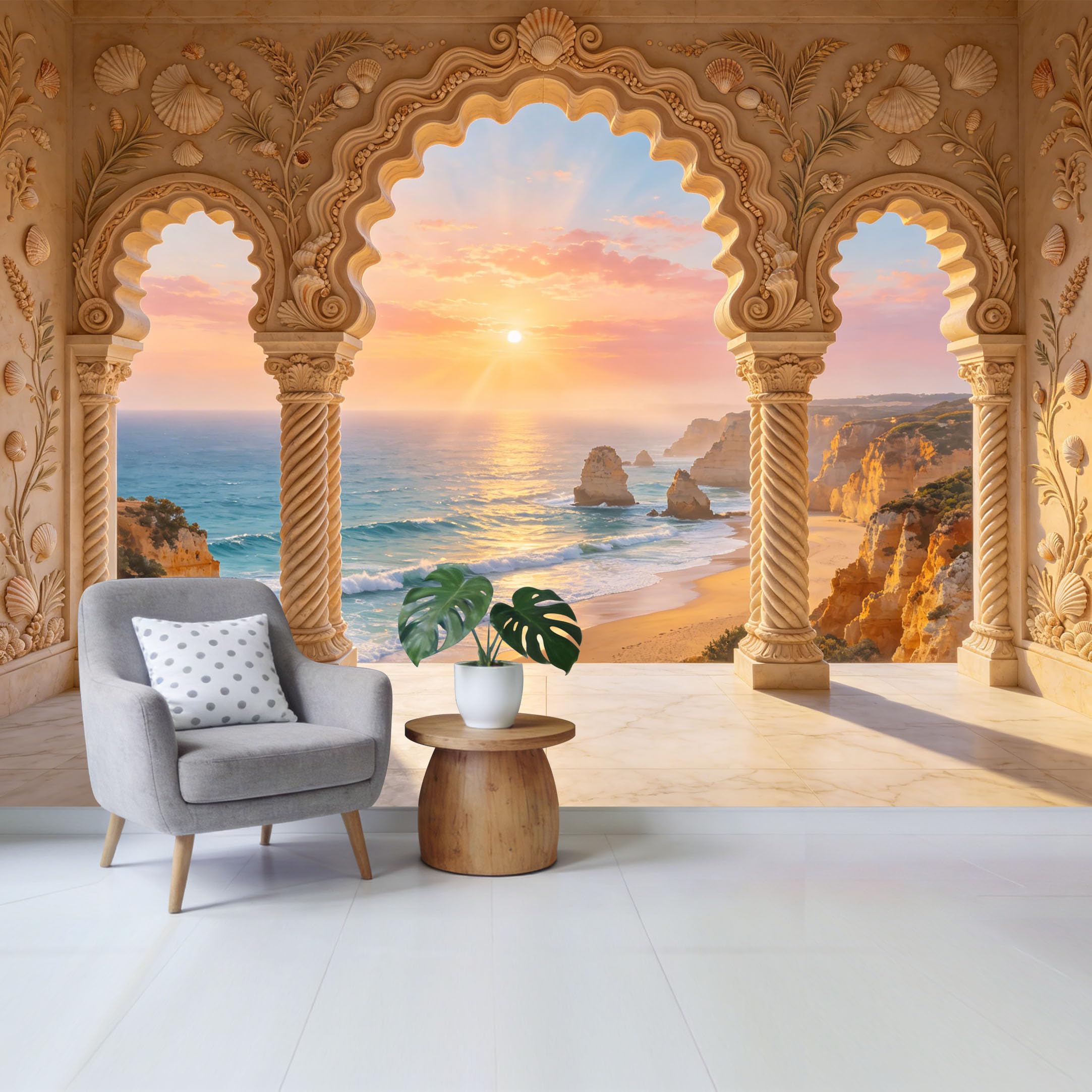 Removable Self Adhesive Fabric Mural， Mediterranean Coastal Sunset Archway Custom Size Wall Covering， UV Protected Waterproof Washable Wall Decor for Living Room Bedroom Bathroom