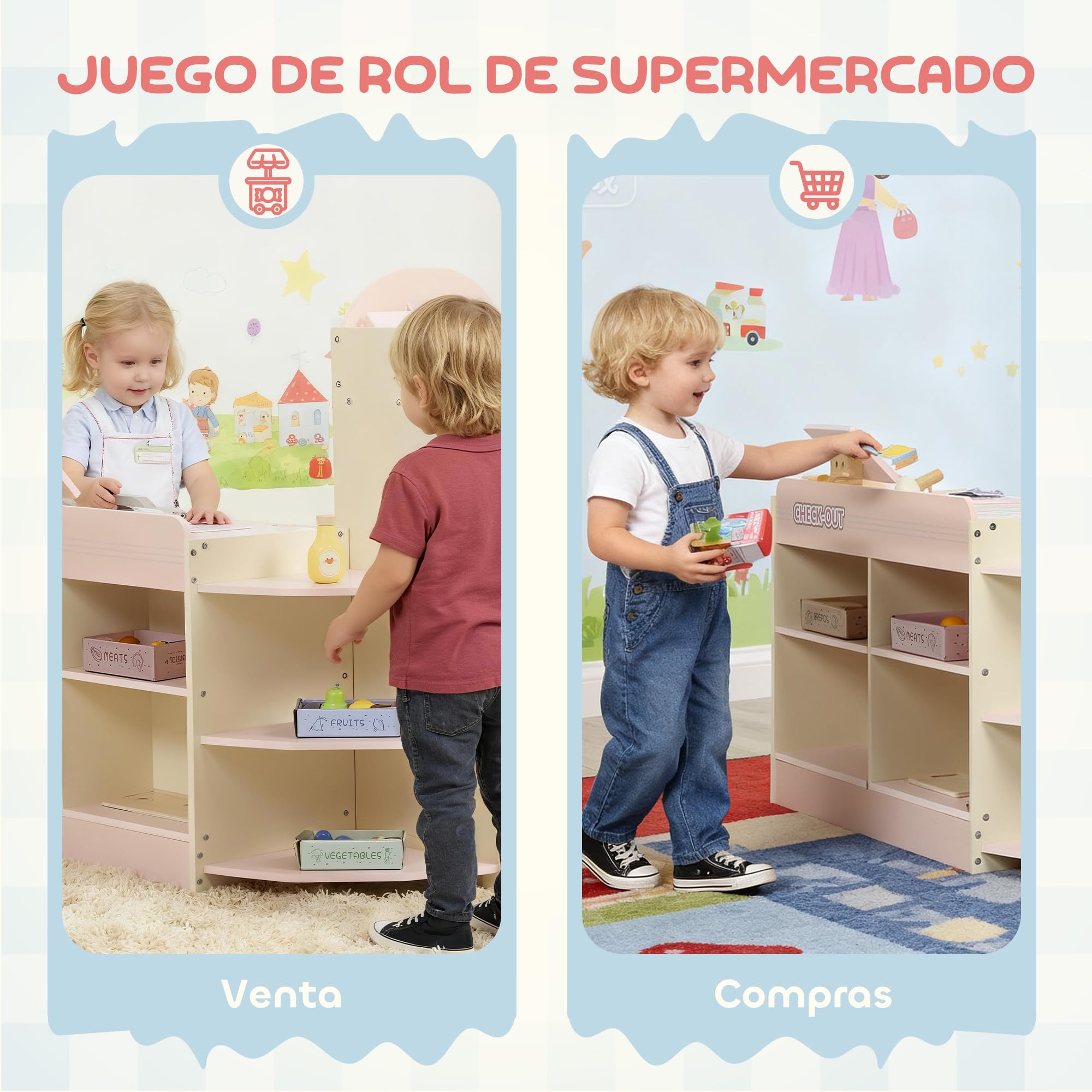 AIYAPLAY Supermercado Juguete Madera con Caja Registradora Rosa