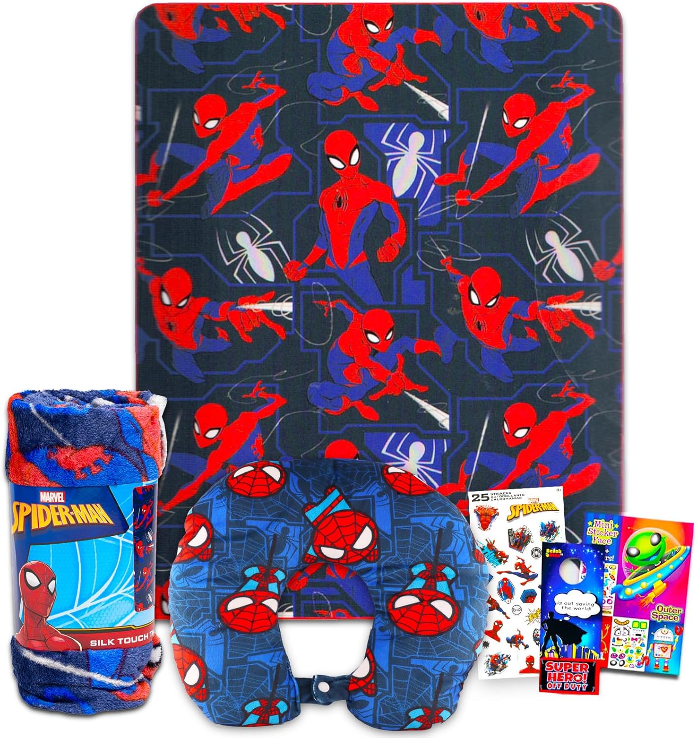 Spiderman Travel Blanket and Pillow Set – Bundle with Spiderman Blanket, Neck Pillow, Stickers, More | Spiderman Travel Accessories for Kids Spiderman Travel Blanket and Pillow Set – Bundle with Spiderman Blanket, Neck Pillow, Stickers, More | Spiderman Travel Accessories for Kids