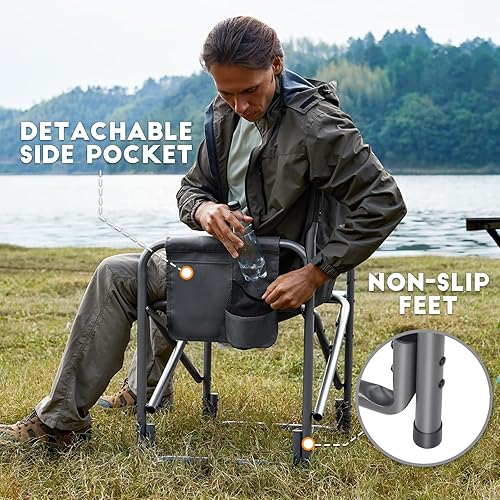 Miniatura 7 de TIMBER RIDGE Silla de campamento de aluminio de gran tamaño, silla de directores portátil ligera con mesa auxiliar, bolsillo lateral desmontable
