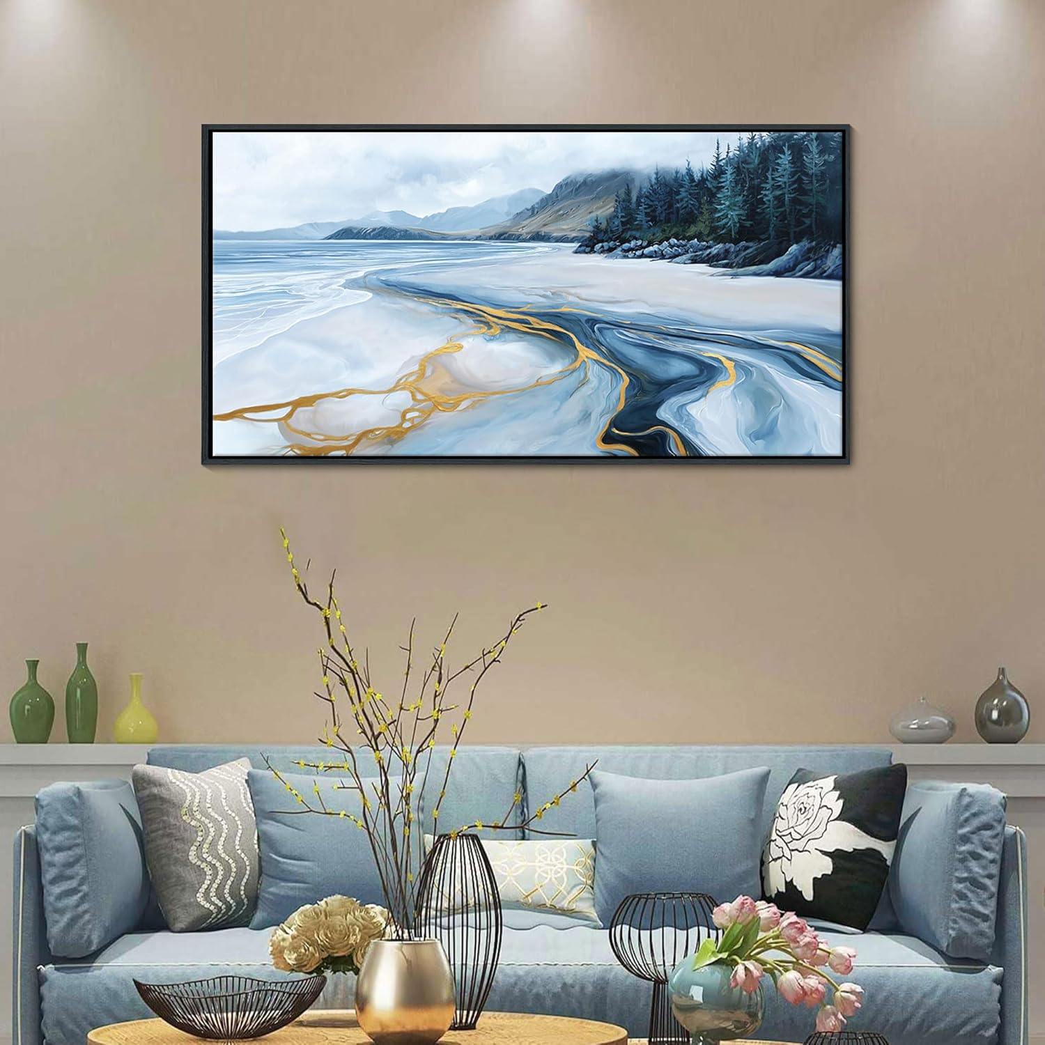 blue and gold abstract wall art - ocean beach pictures for living room coastal bedroom paintings for wall decor framed landscape artwork for walls large modern decoration 20×40in 40"l x 20"w blue
