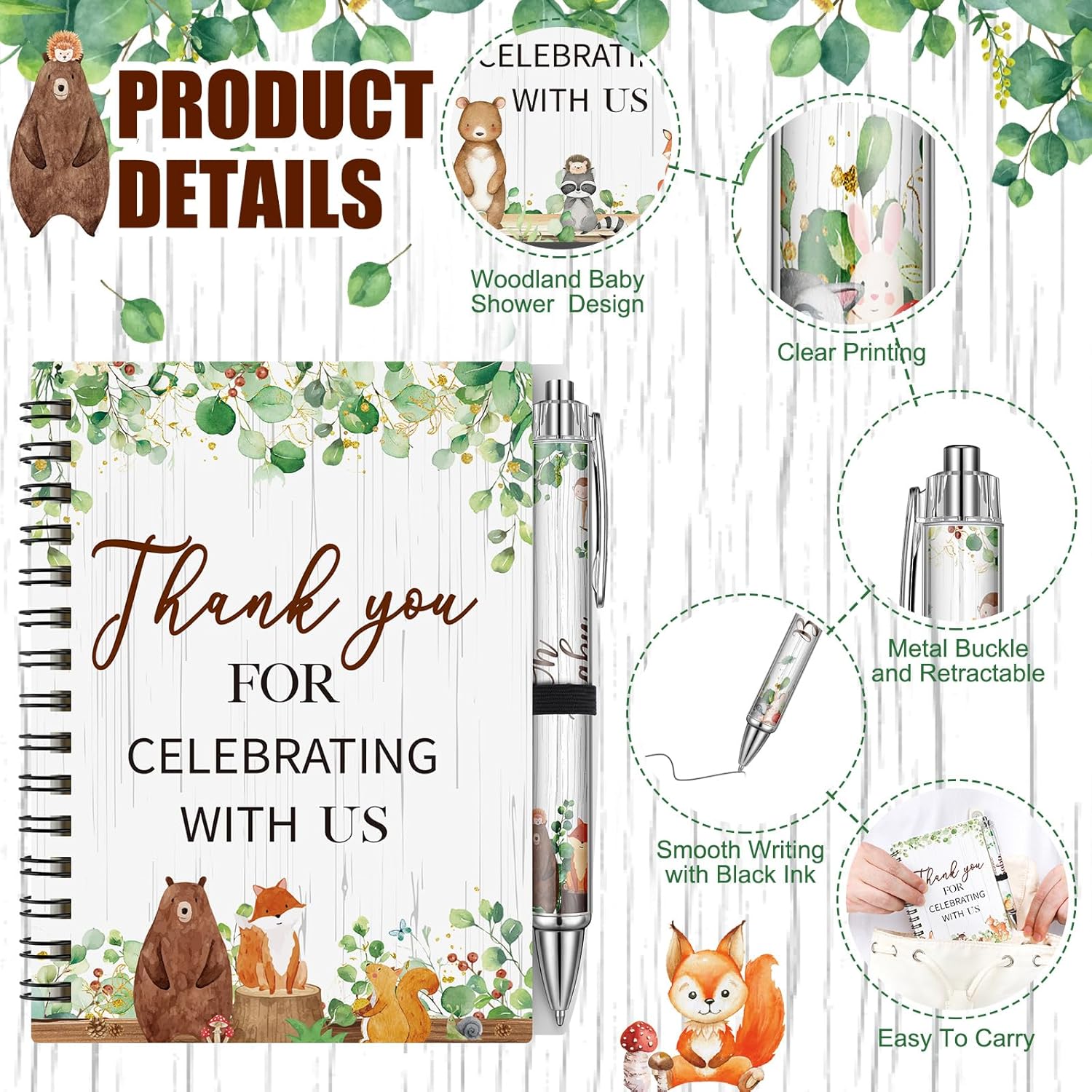 Skyygemm 60pcs/30 Set Woodland Animal Baby Shower Gifts bulk for Guests Includes Woodland Animal Small Spiral Notebook Bulk Forest Retractable Ballpoint Pen for Baby Shower Gender Reveal Guest