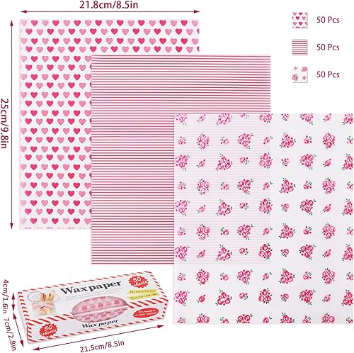 Miniatura 2 de Whaline 150 hojas de papel de cera para el día de San Valentín, diseño de corazón rosa a rayas rosadas, papel de picnic a prueba de grasa,