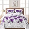 Yiran Purple Floral Quilt Set King Size Rose Spring Bedspreads Bedding Set 3 Pieces Lightweight Microfiber Botanical Coverlet with 2 Pillow Shams for All Season 104x90 Inch
