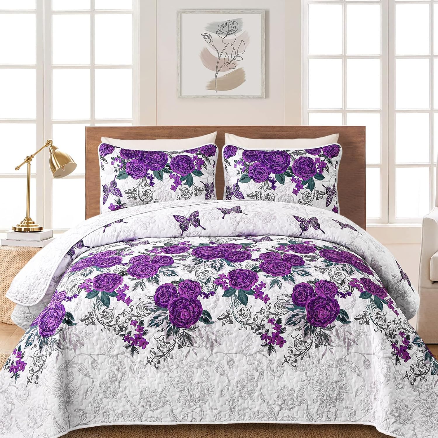 Yiran Purple Floral Quilt Set King Size Rose Spring Bedspreads Bedding Set 3 Pieces Lightweight Microfiber Botanical Coverlet with 2 Pillow Shams for All Season 104x90 Inch