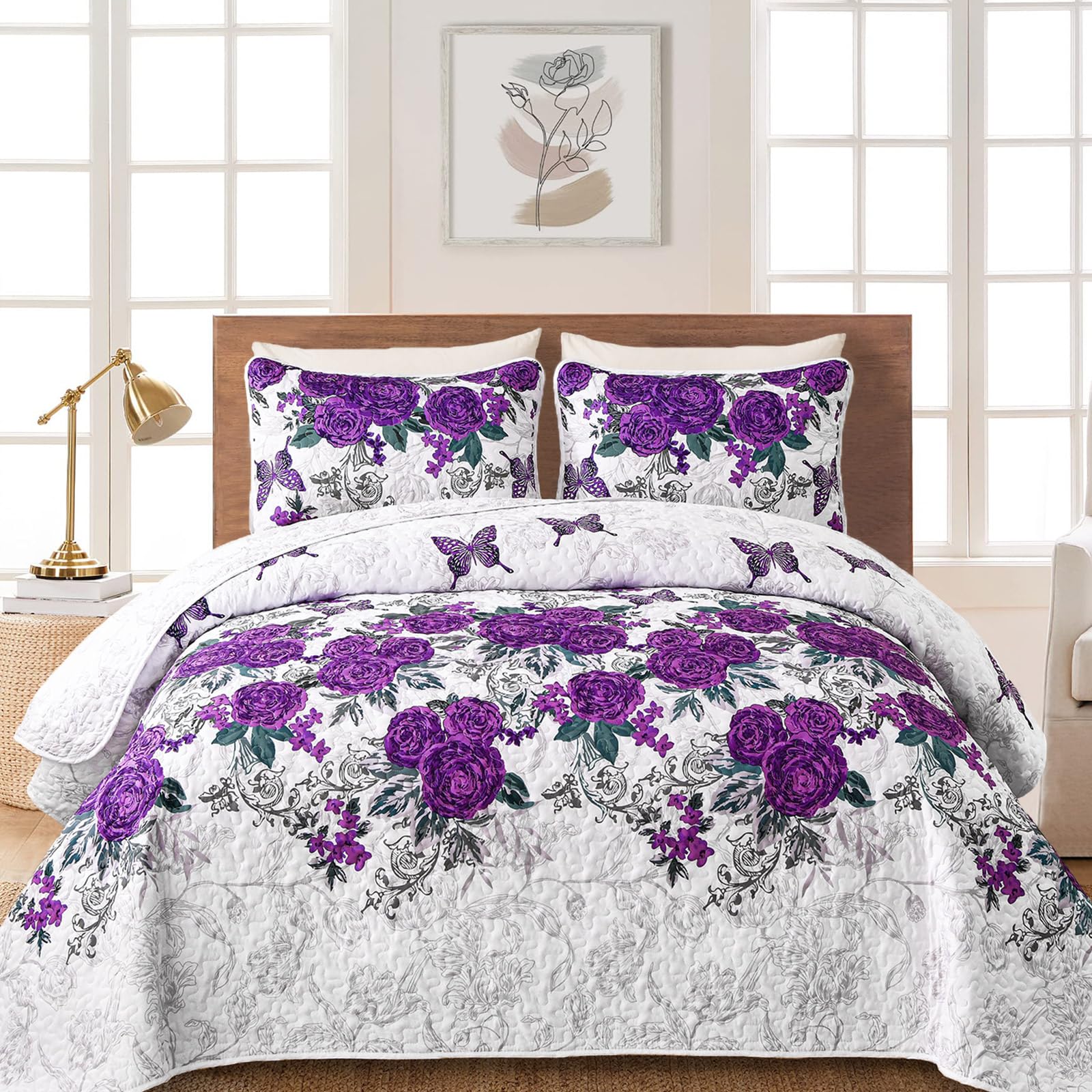 Yiran Violette Blumen-Tagesdecke, Queen-Size-Größe, Rosenblumen, Bettwäsche-Set, 3-teilig, leichte Mikrofaser, botanische Decke mit 2 Kissenbezügen, für alle Jahreszeiten, 244 x 228 cm