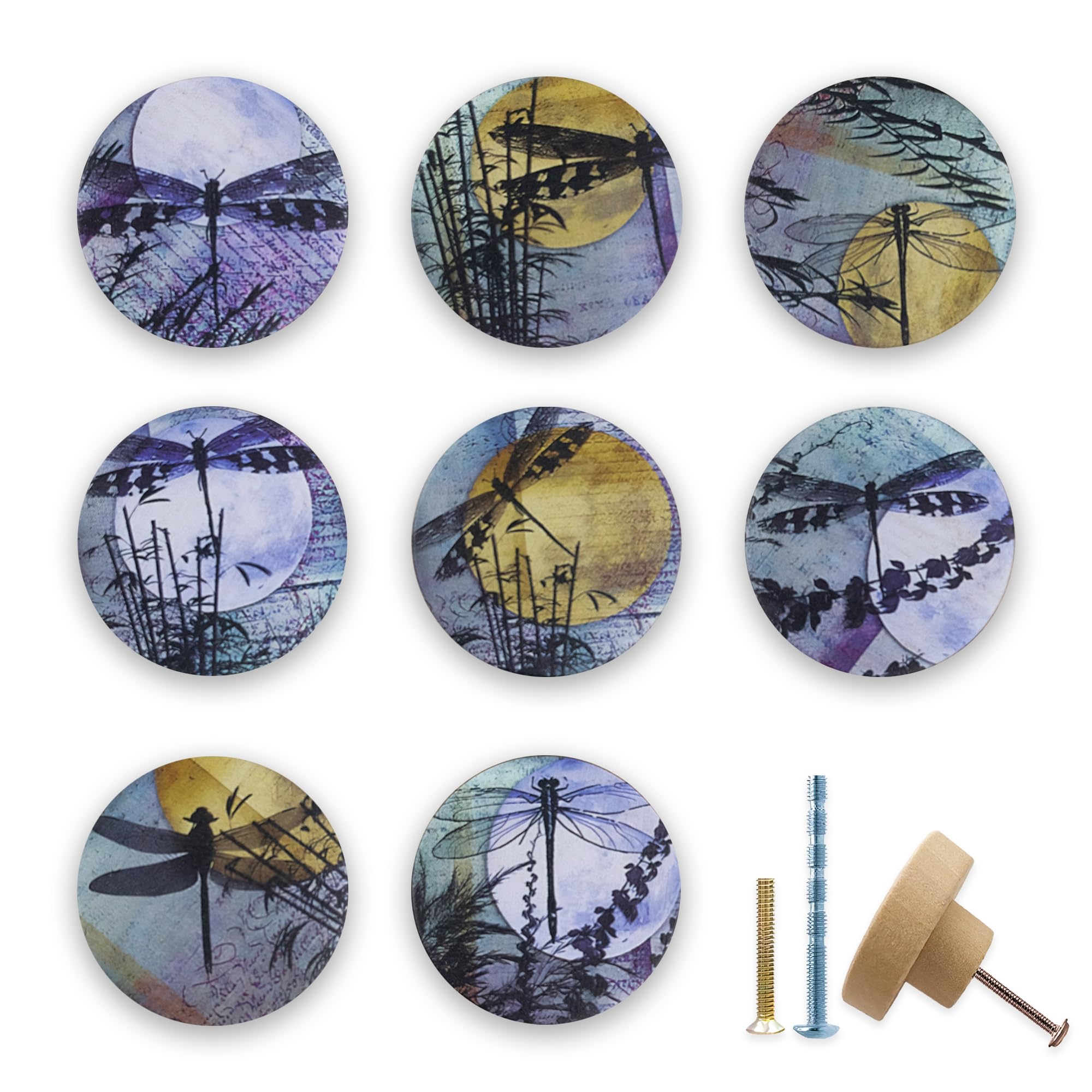Boutons de placard en bois libellule (Lot de 8, 4.6 cm) pour meuble