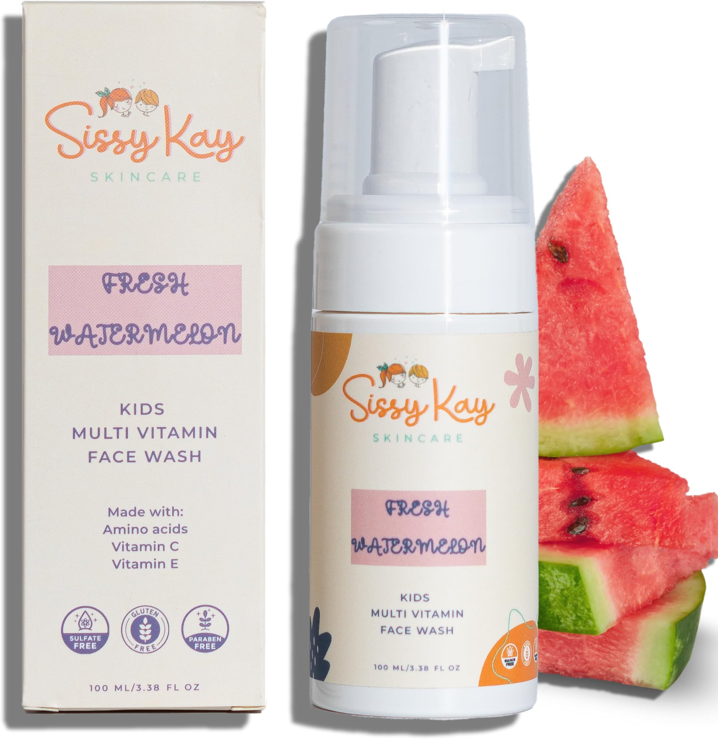 Kids Face Wash - Foaming Face Wash For Kids - Gentle Skin Care - Natural Face Cleanser With Vitamin C & Vitamin E - For Girls and Boys - Tear Free - Sensitive Skin - Watermelon - 100 ml