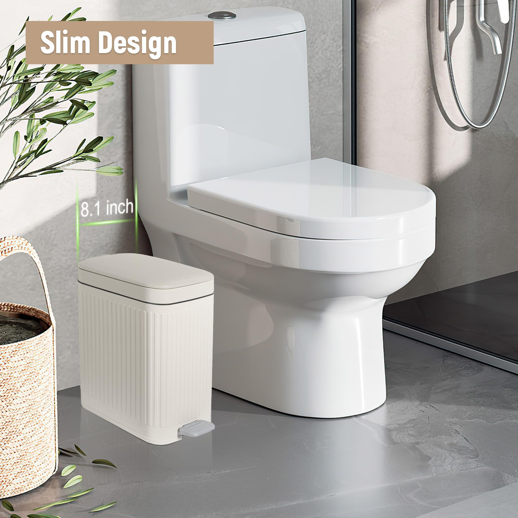 Pattumiera da bagno piccola con coperchio, 2,6 galloni Slim Soft Close Step, crema | Pattumiera con pedale per ufficio, camera da letto, cucina e soggiorno, contenitore stretto in plastica per piccoli spazi