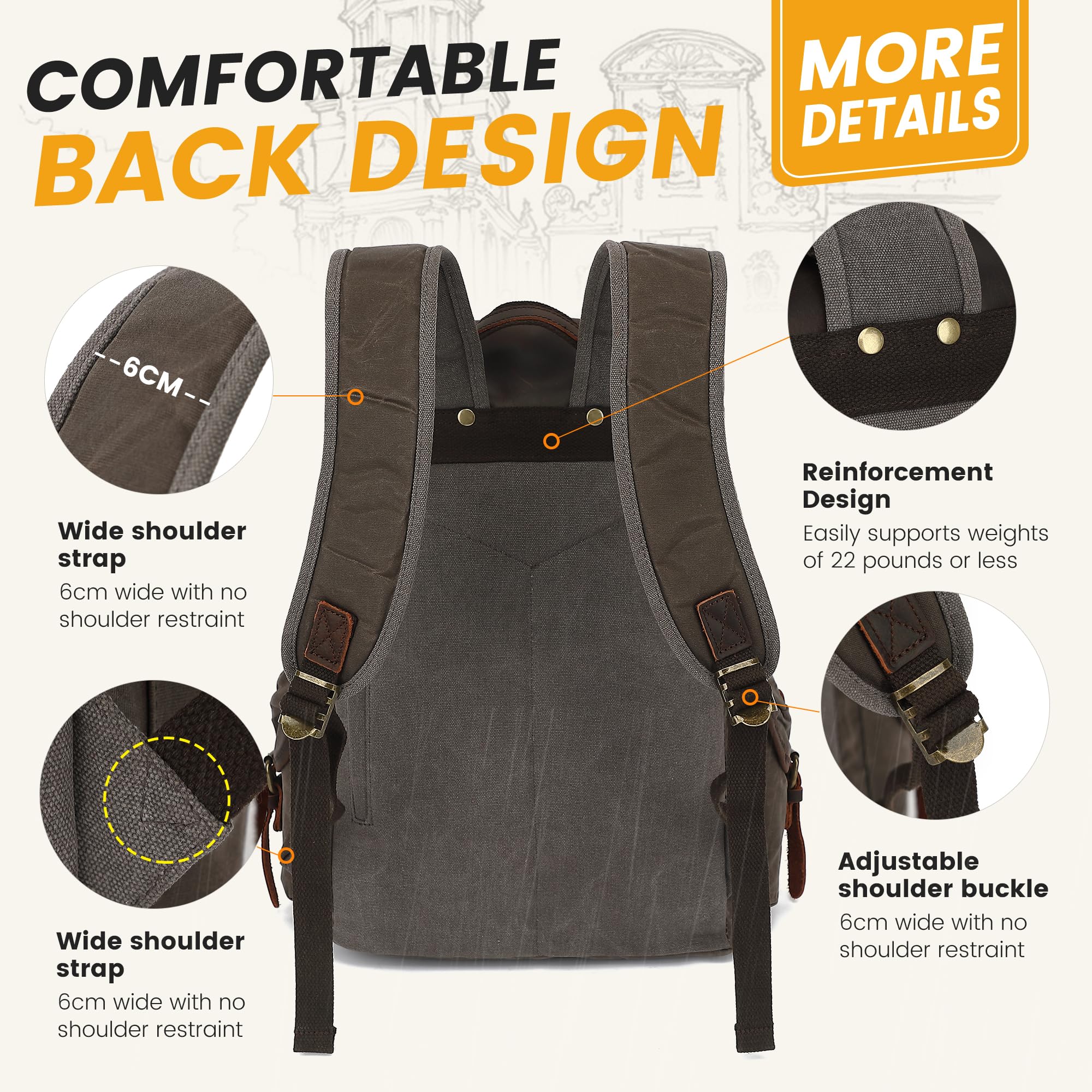 HuaChen Mochila de cuero resistente y lona encerada, mochila de viaje vintage para hombre, gris, L, vintage; retro, estilo militar
