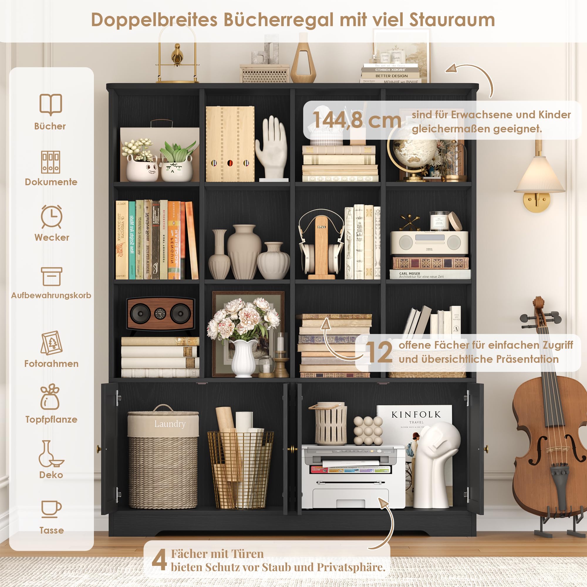 FirFurd Bücherregal mit Türen, Bücherschrank mit 12 Fächern, Schwarz | Bücherschrank mit Türen Bücherregal Kinder Wohnzimmerschrank Hochschrank für Büro, Arbeitszimmer, Jugendzimmer 185x27x120cm