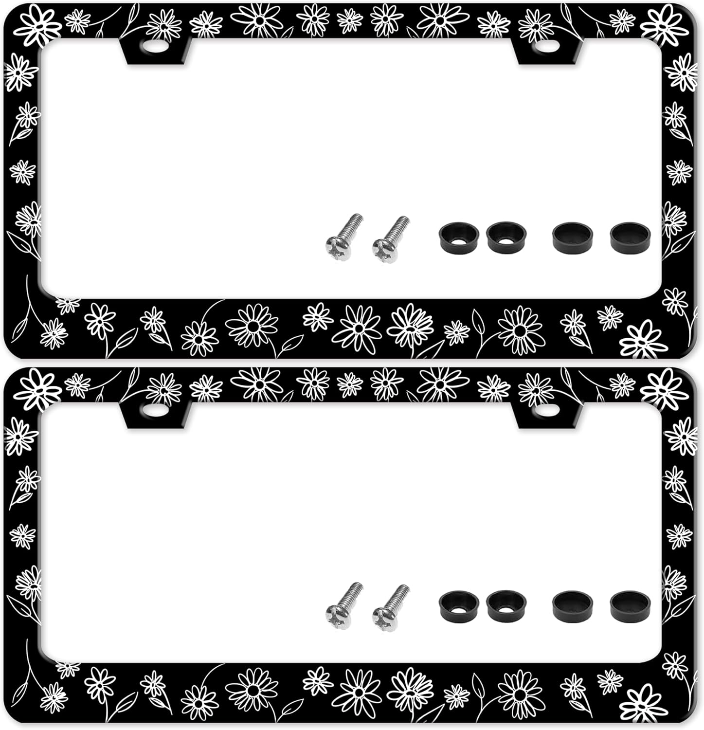 Black and White Daisies License Plate Frame 2 Pack Flower Art License Plate Holder for Front or Rear Car Tags Stainless Steel Funny Car Decoration with Screws 6.3 X 12.2 in