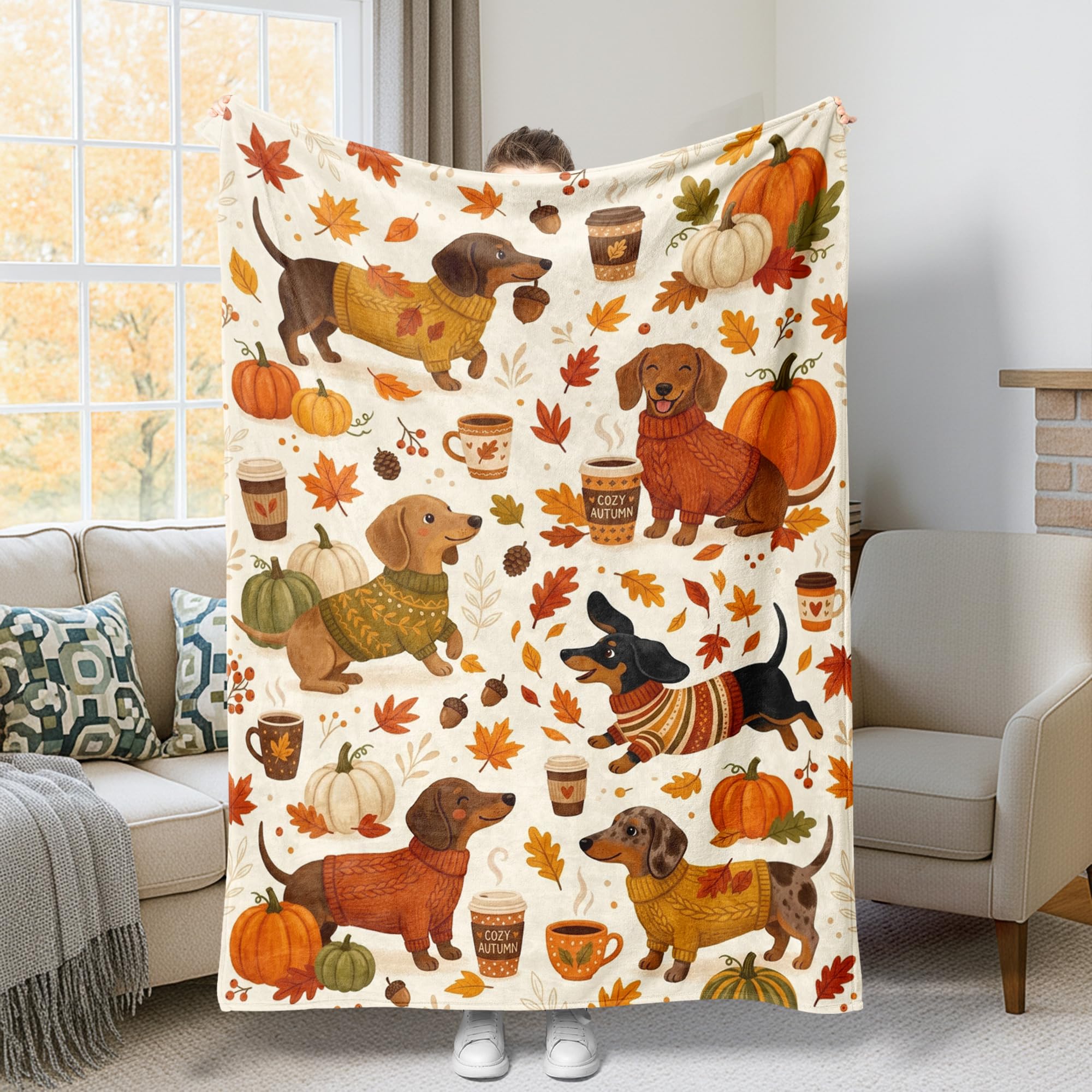 Couverture teckel et citrouilles pour cocooning sur le canapé