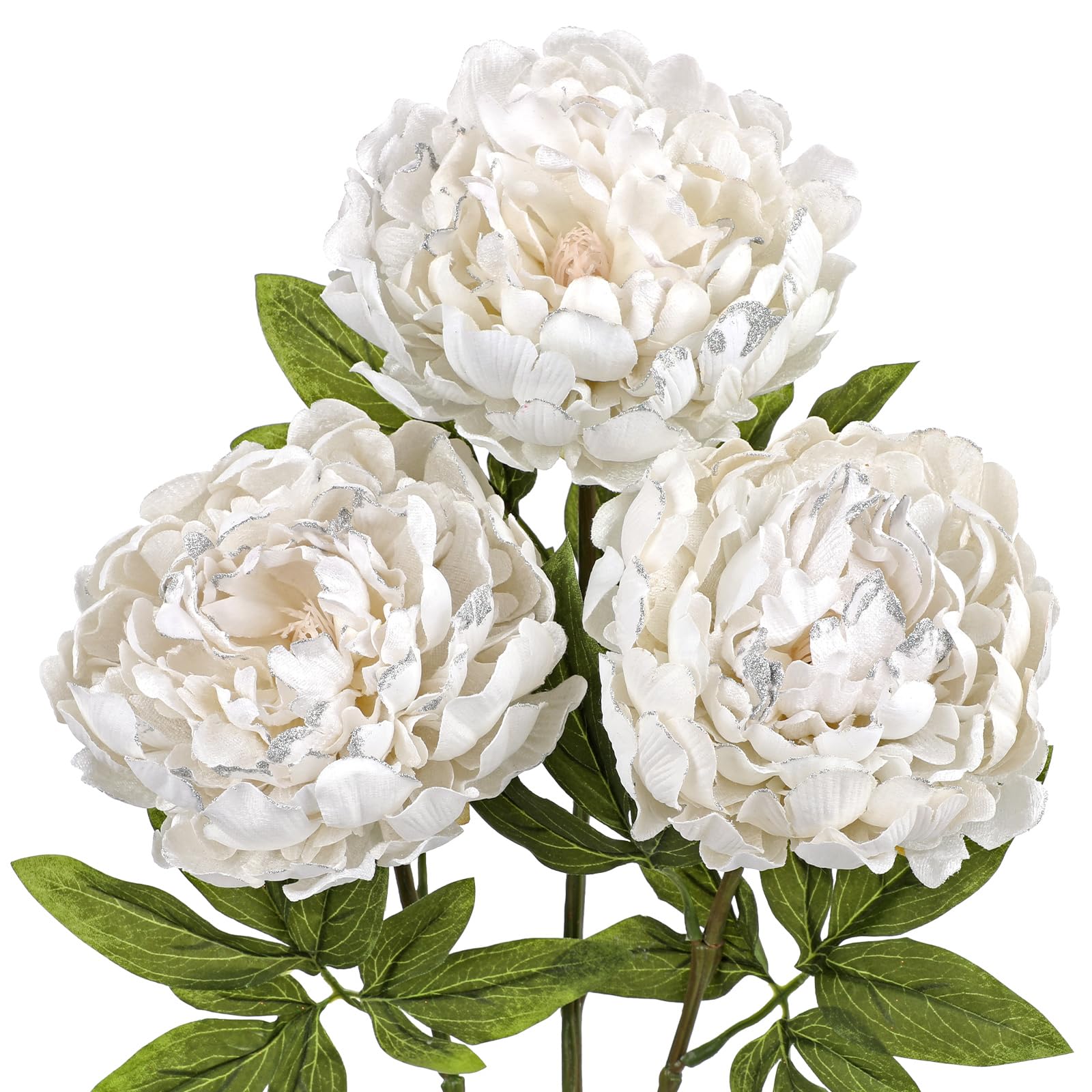 Briful 3PCS 74CM Künstliche Pfingstrosen Stiel Kunstblumen Wie Echt, Glitzernde Weiße Kunstpfingstrose, Deko-Zweige für Blumengesteck Home Weihnachten Dekoration
