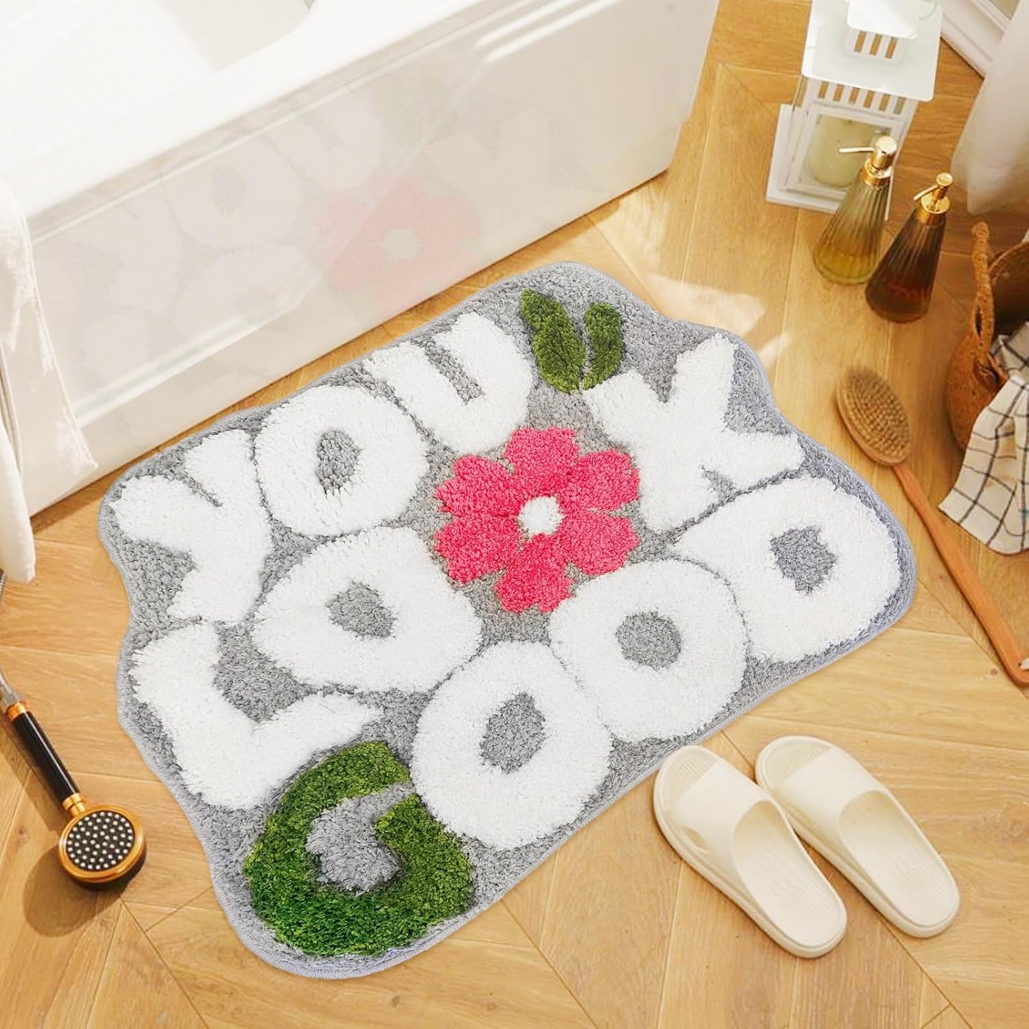 Get Naked Green Bathroom Rug – Funny Plush Non-Slip Bath Mat, 20”x40” Absorbent Quick-Dry Microfiber, Cute Flower & Heart Design, Humorous Decor for Bathtub, Bedroom, Shower
