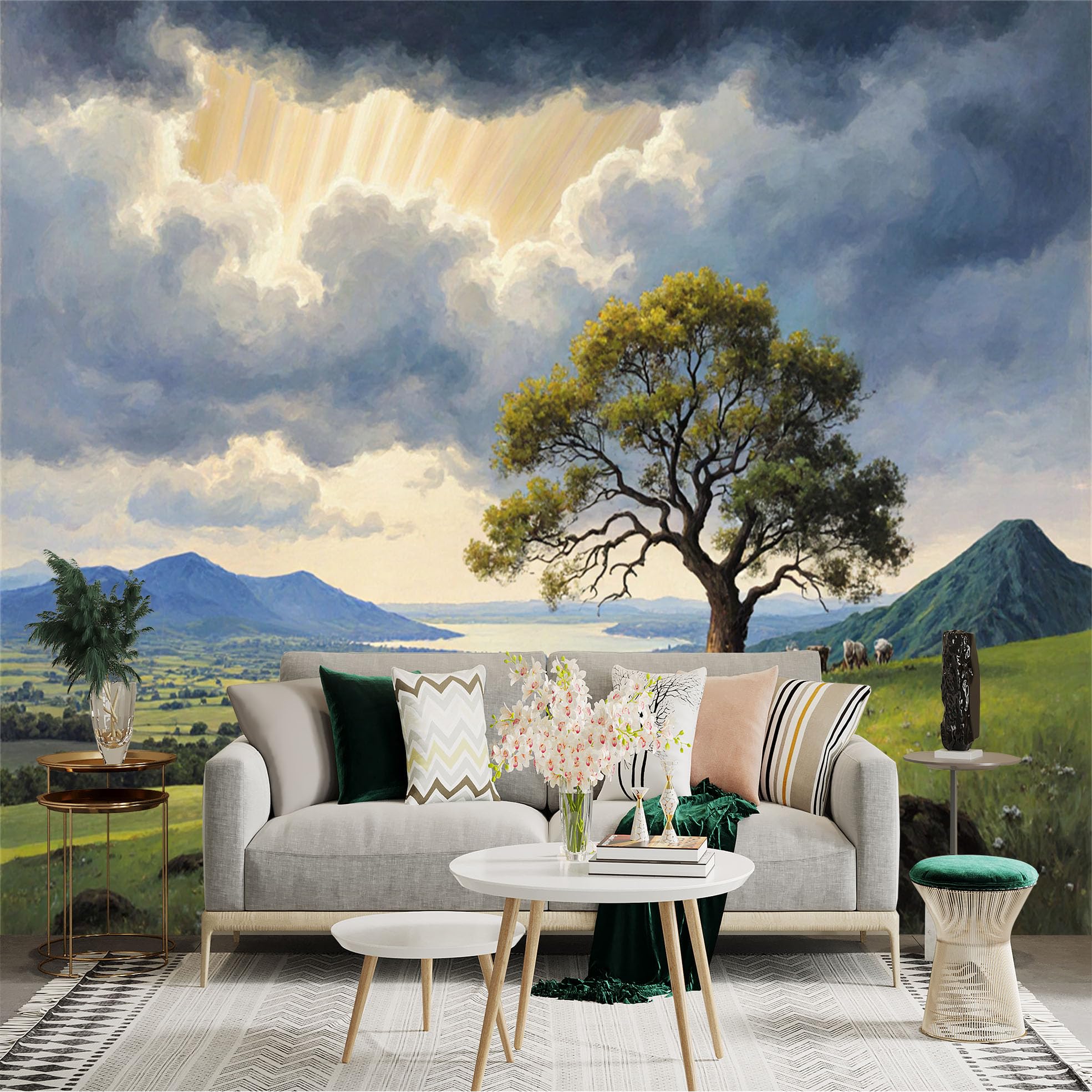 Custom Size Wall Sticker Mural， Mountain Landscape with Tree， Rolling Hills and Sunlight Through Clouds， for wall Decoration， peelandstick wall Decals.