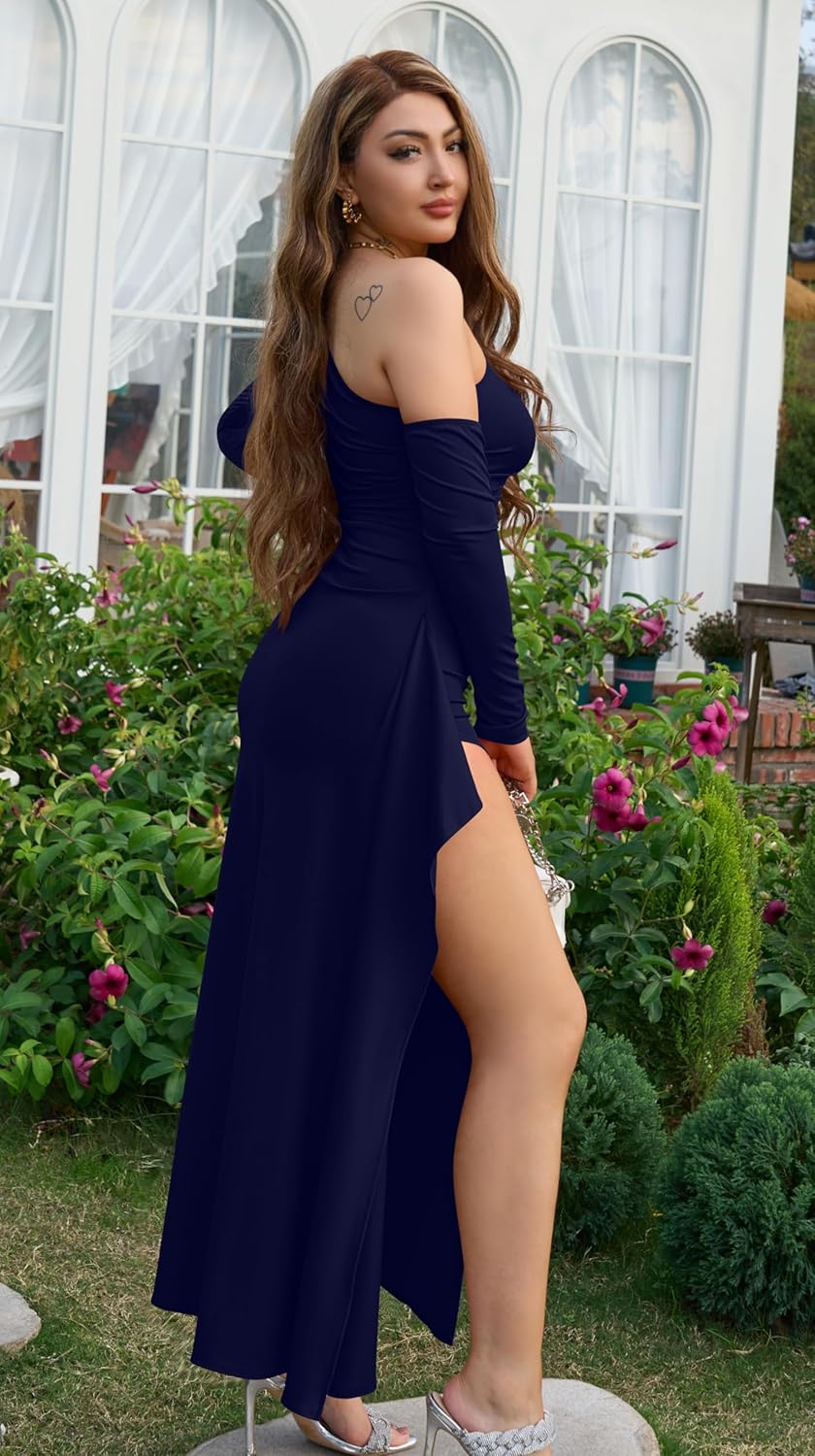Memoriesea Women's One Shoulder Long Sleeve Sexy High Slit Wedding Guest Party Maxi Dress - Image 4