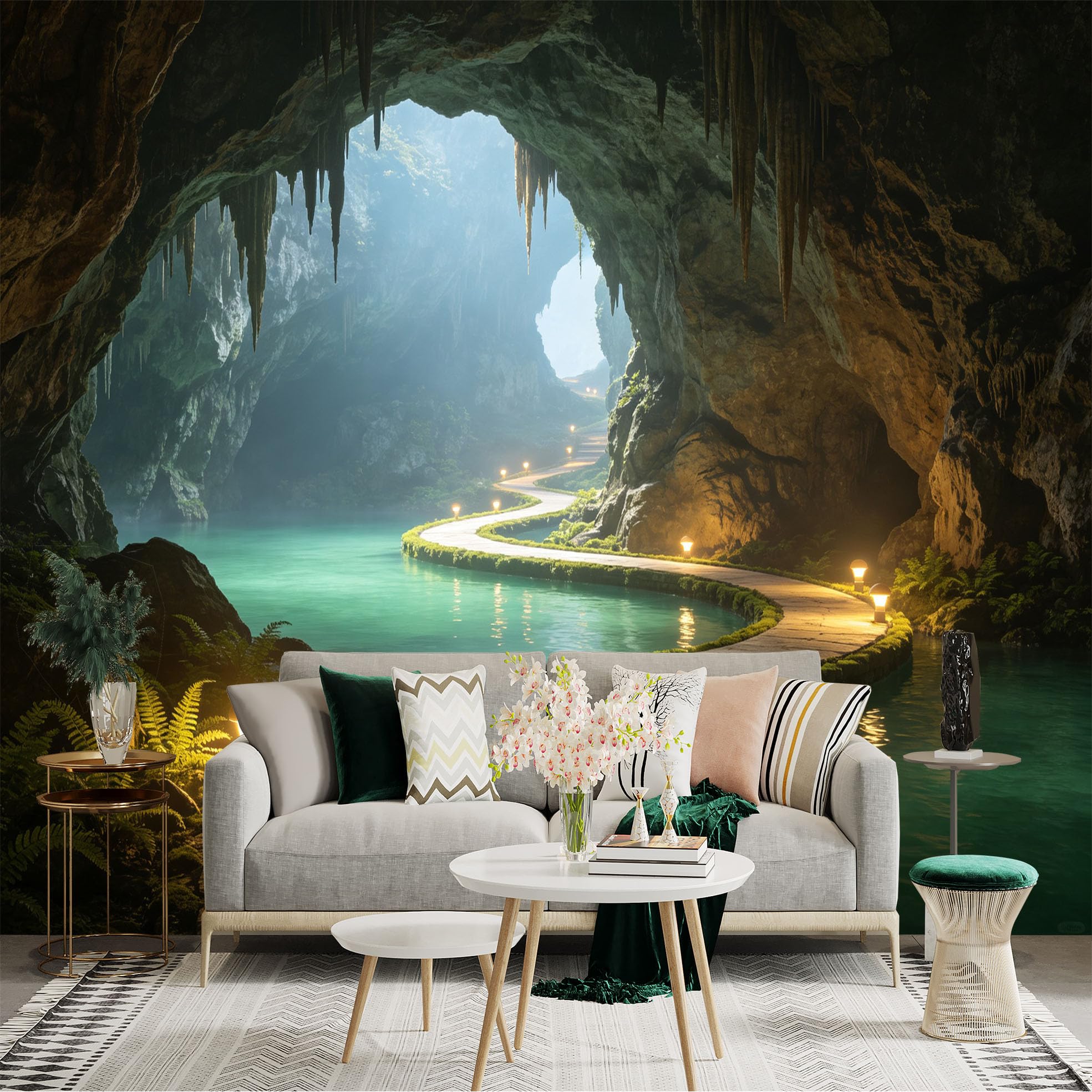Custom Size Wall Sticker Mural， Mysterious Limestone Cave with Underground River， Illuminated Stone Path， for wall Decoration， peelandstick wall Decals.