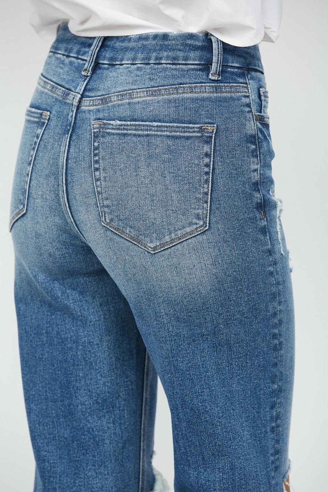 Jeans Donna Alta Vita Gamba Dritta Strappato Afflitti Pantaloni in Denim-Blu-l