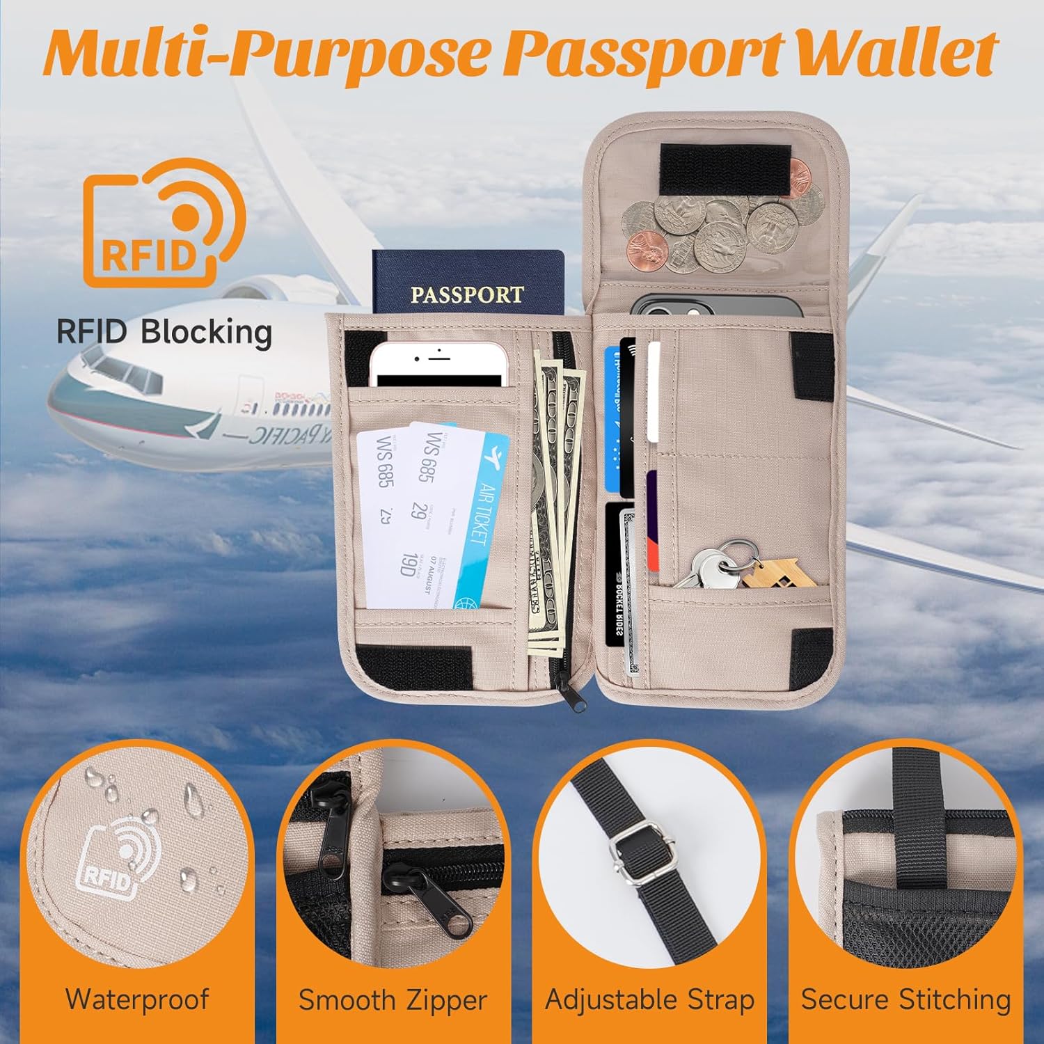 Neck Wallet & RFID Blocking Passport Holder for Travel – Waterproof Hidden Travel Wallet with Card Slots, Adjustable Strap, Portable Document Organizer for Men, Women (Gift) Khaki - Image 2