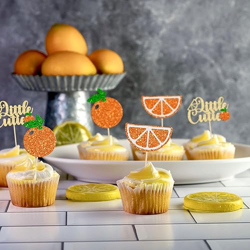 Miniatura 7 de Gyufise 24 piezas de adornos para cupcakes con purpurina de frutas y naranjas, para temática de cítricos, baby shower, niños y niñas, fiesta de