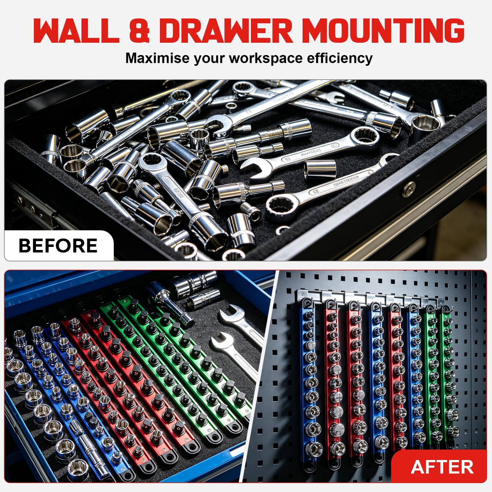 organizer magnetico in alluminio per bussole – Guide da 1/4", 3/8", 1/2" con clip removibili girevoli a 360° (9) | Alluminio, 360° clip girevoli, organizer per cassetta attrezzi, per 120 bussole, per chiave a cricchetto, portalame magnetico