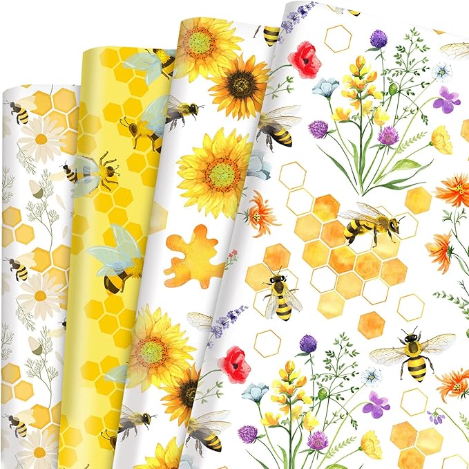 Amazon.com: 12 Sheets Bee Wrapping Paper 28 * 20 Inches Watercolor ...