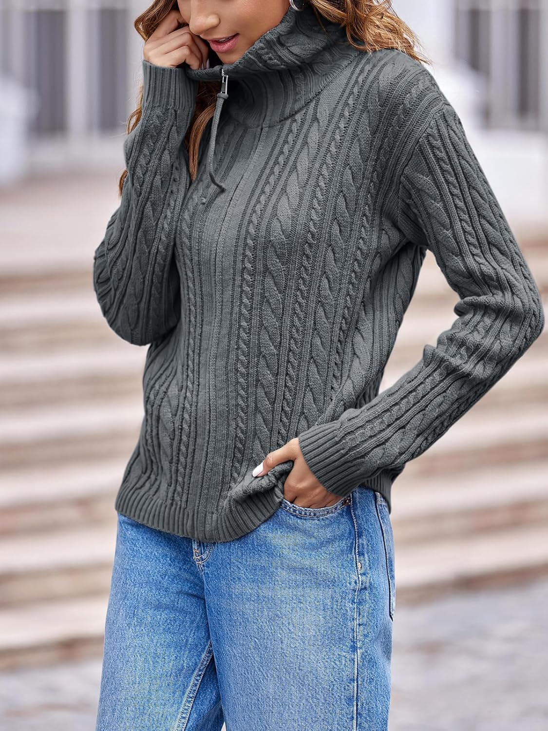 Saodimallsu Womens Cable Knit Cardigan Zip Up Collared Long Sleeve Vintage Sweater Loose Open Front Coats - Image 4