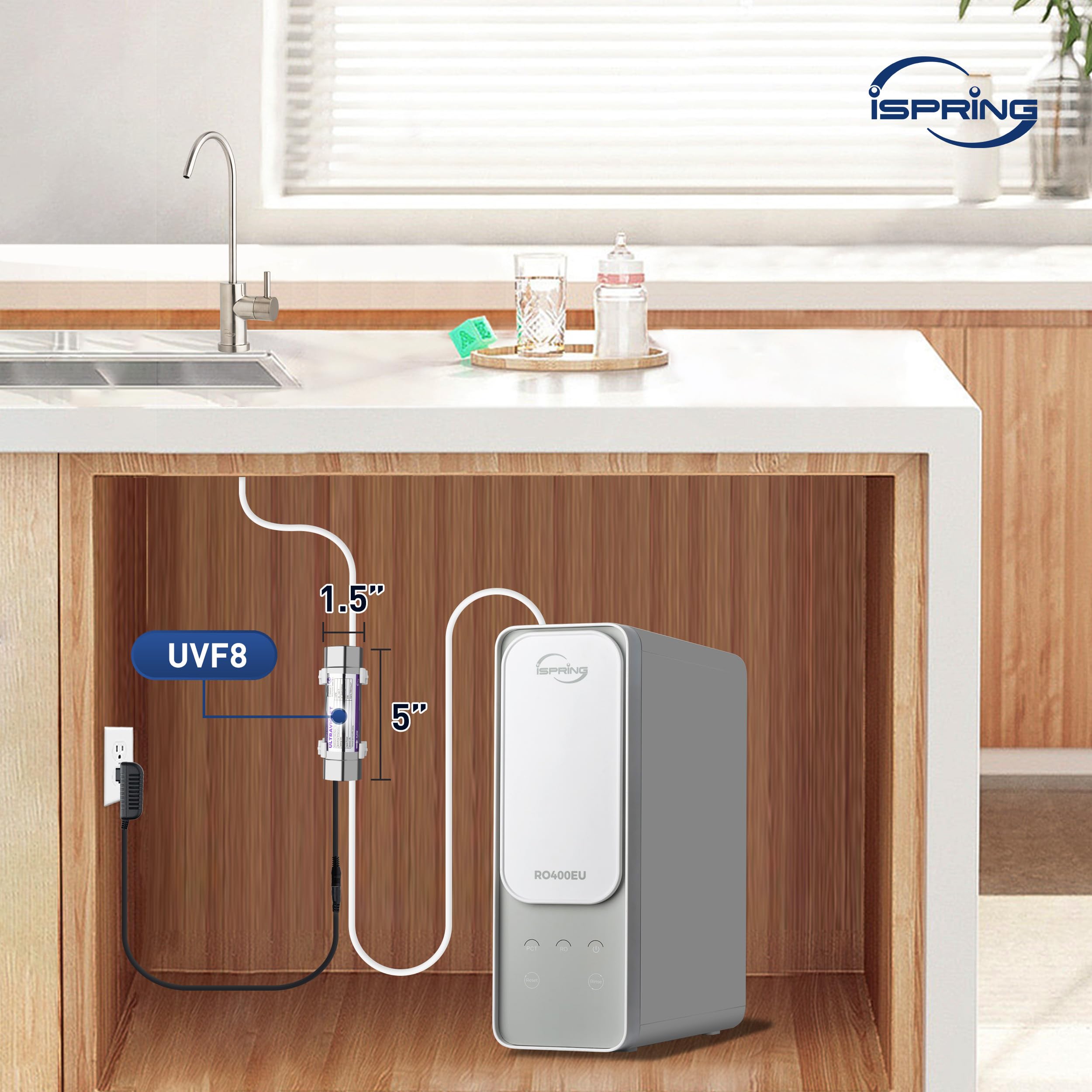 iSpring UVF8-E Filtro Acqua UV LED Acciaio Inox per Sottolavello | UV LED senza Mercurio, Kit per Sistemi Sottolavello, Migliora la Disinfezione dell'Acqua Potabile