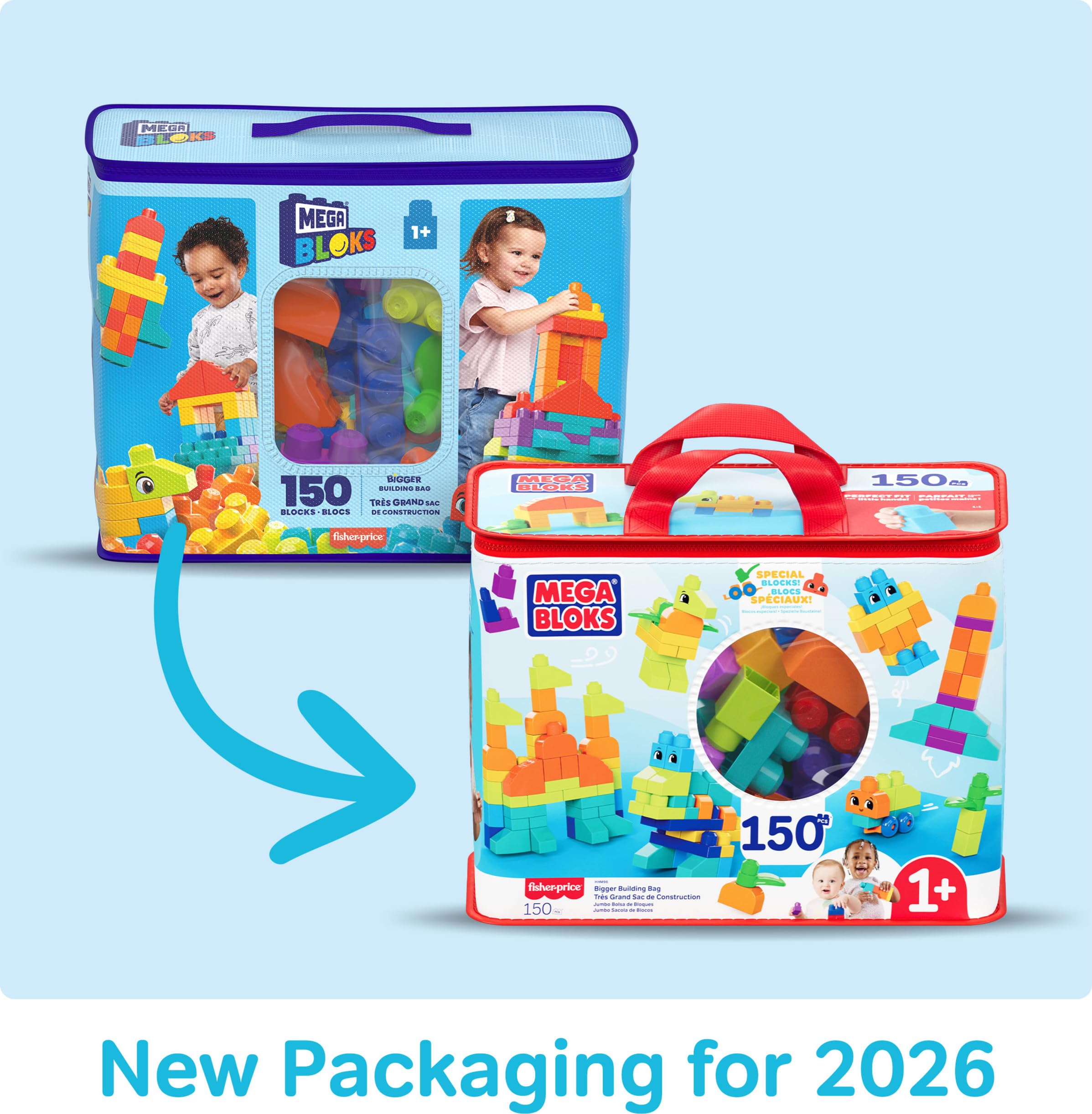 Mega Bloks First Builders Sacca Eco Grande, Blocchi per Bimbi | 150 pezzi, blocchi speciali, base con ruote, sacca inclusa, bimbi 1+ anni, per costruzioni facili, HHM96
