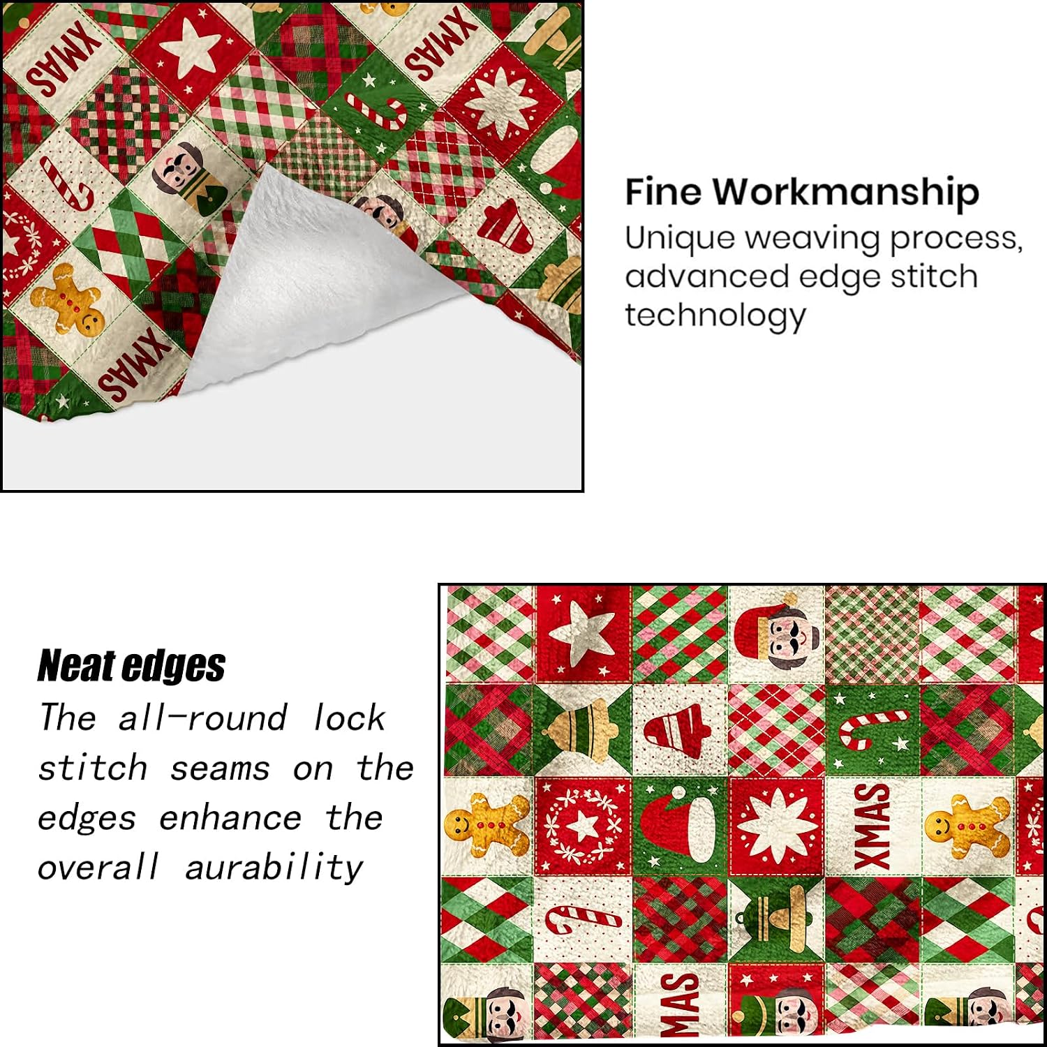 Patchwork Christmas Decorative Throw Blanket,Nutcracker Gingerbread Bell Candy Cane Print Decoration,Flannel Winter Blankets for Couch Sofa,Holiday Decor,Xmas Festival Gifts 50x60 Inch