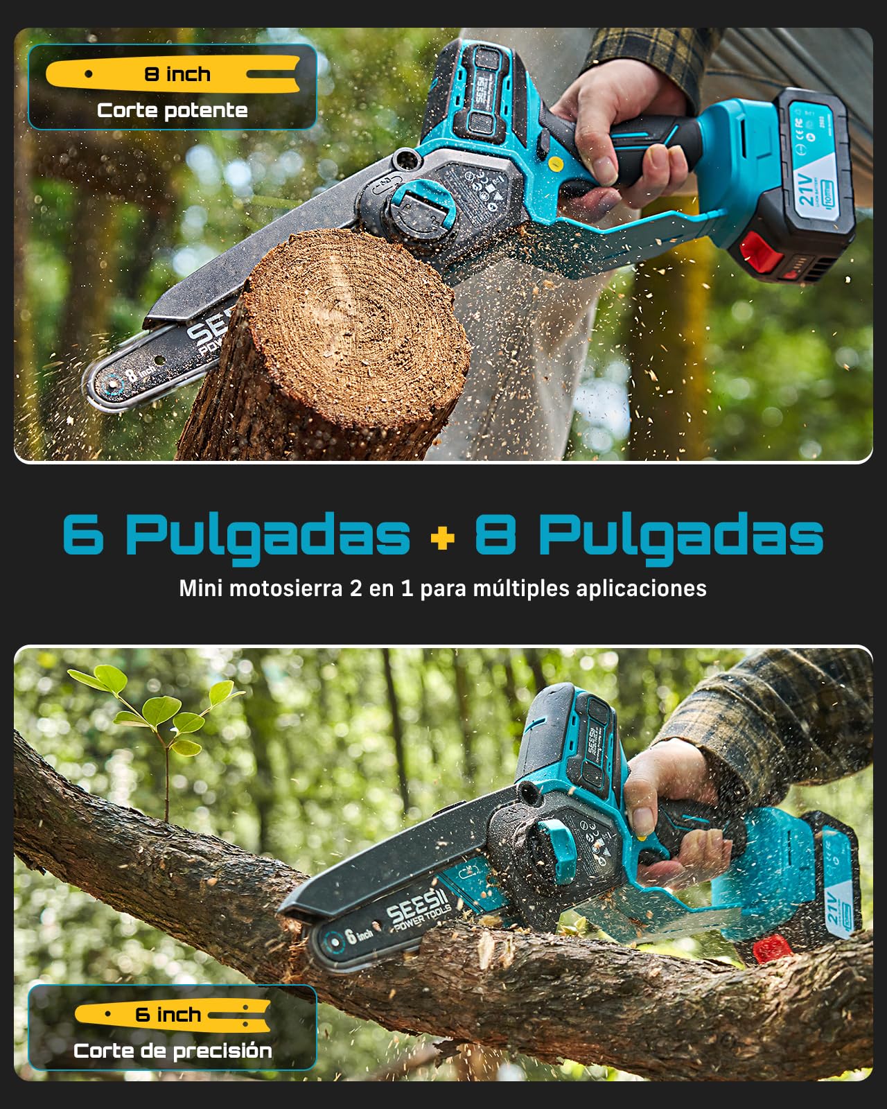 SEESII 6 & 8 Pulgadas Motosierra Bateria, 1000W Brushless, Mini Motosierra con 2*4000mAh Batería, Sierra Eléctrica para Podar con Lubricación Automática, Motosierras Pequeñas Árboles y Cortar Madera