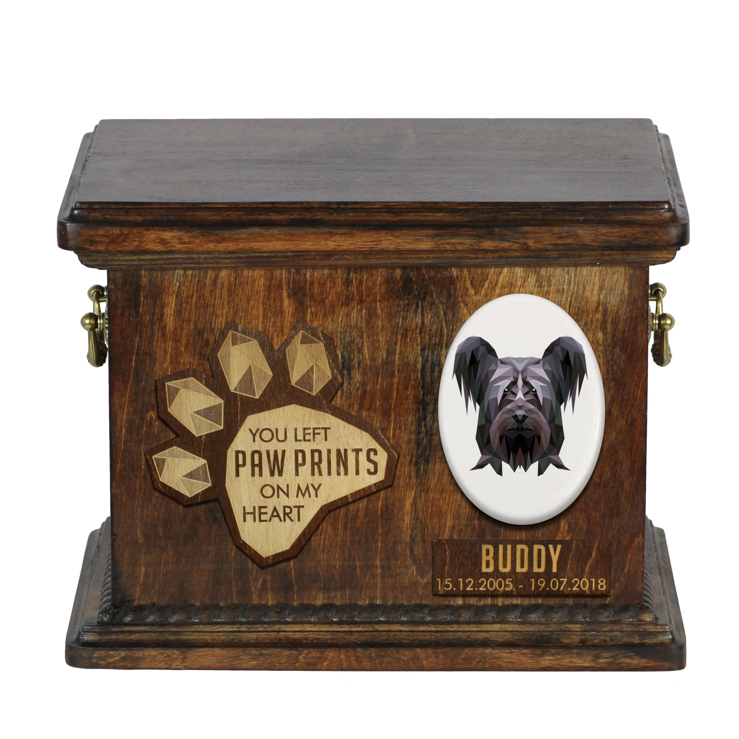 Art-Dog Custom Geometric Dog Memorial Urn - Handmade Wooden Urn – Decorative Ceramic Plate - Custom-made Dog Cremation Box for Ashes - 8,3x11,4x8,7” – Skye Terrier — image 1