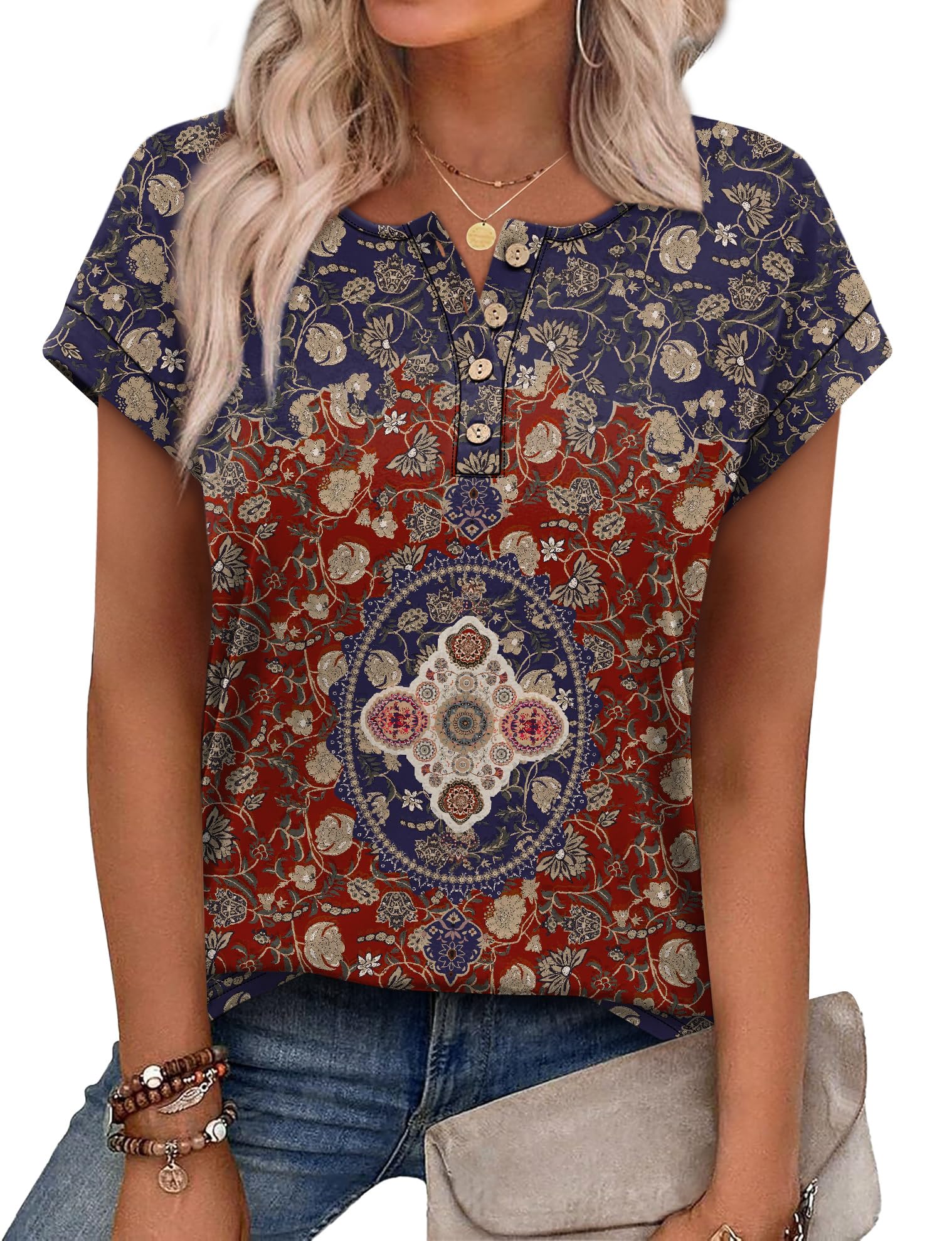Aokosor Womens Summer Tops Floral Printed Short Capsleeve Shirts Crew Neck Cute Fashion Dressy Tunic Blouses for UK — view 23