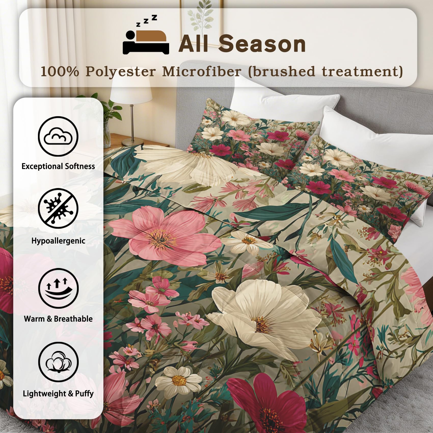 Blumenmuster Bettdecke 135x200 4 Jahreszeiten, Weiß Rosa Blumen Bettdecke Ohne Bezug Warm Steppdecke Ganzjahresdecke Winterdecke Mit Kissenbezug, Schlafzimmer Deko Blumenmuster