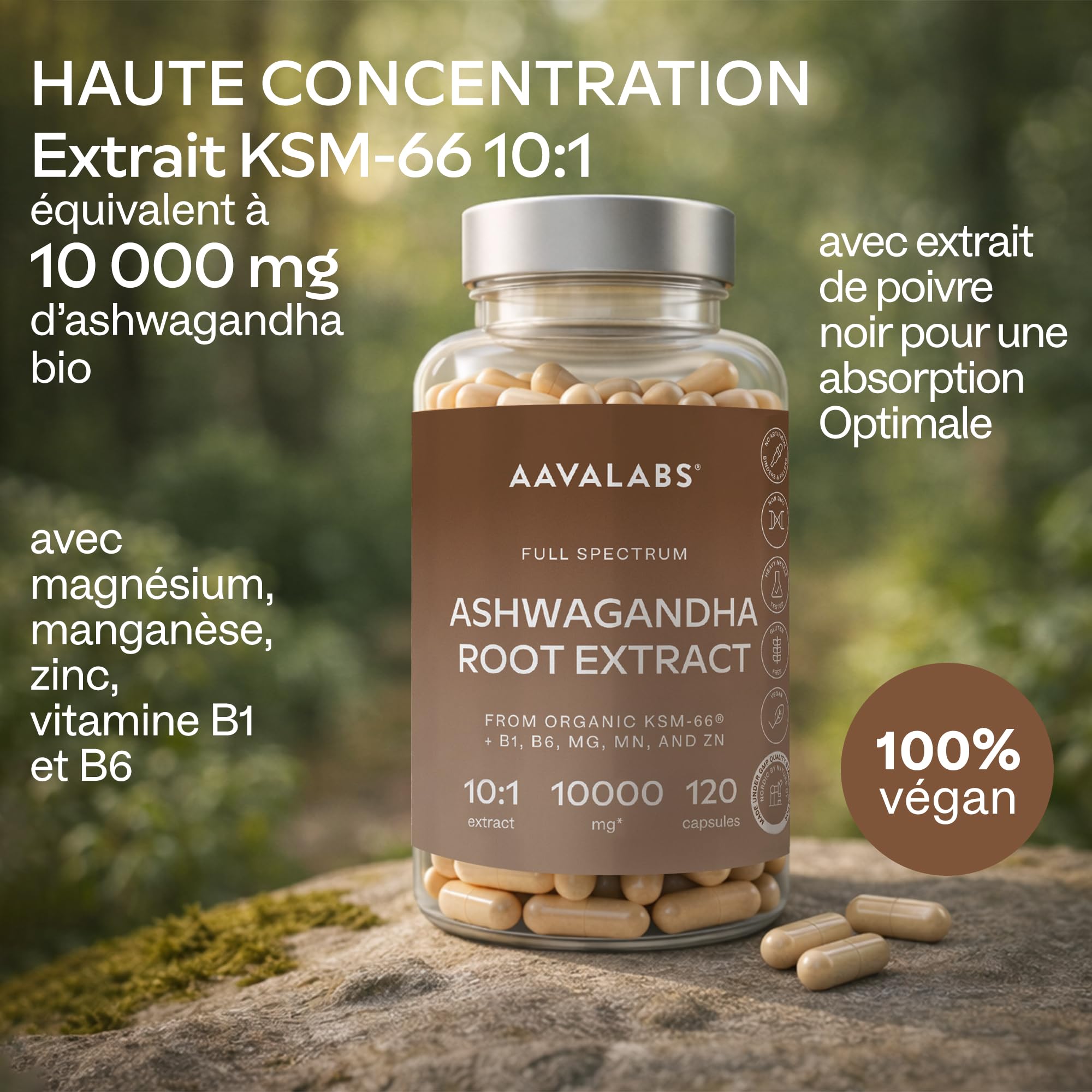 Ashwagandha KSM-66 Bio 10000mg, Vitamine B6, B1, Zinc, Magnesium, Manganese - Extrait de Racine Ashwagandha Bio 10:1, Poivre Noir - Ashwaganda (Ginseng indien) Extra Fort 5% Withanolides - 120 Gélules
