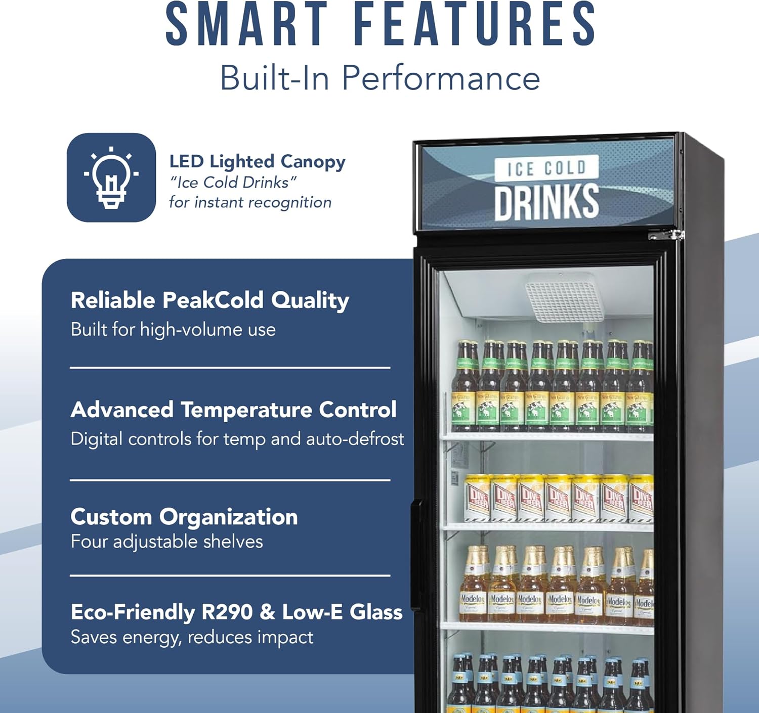 PEAKCOLD 1-Door Display Refrigerator - 14 Cubic Ft, Energy Efficient, Black Merchandiser Refrigerator With Glass Door, White Interior & LED Lighting - Commercial Display Cooler
