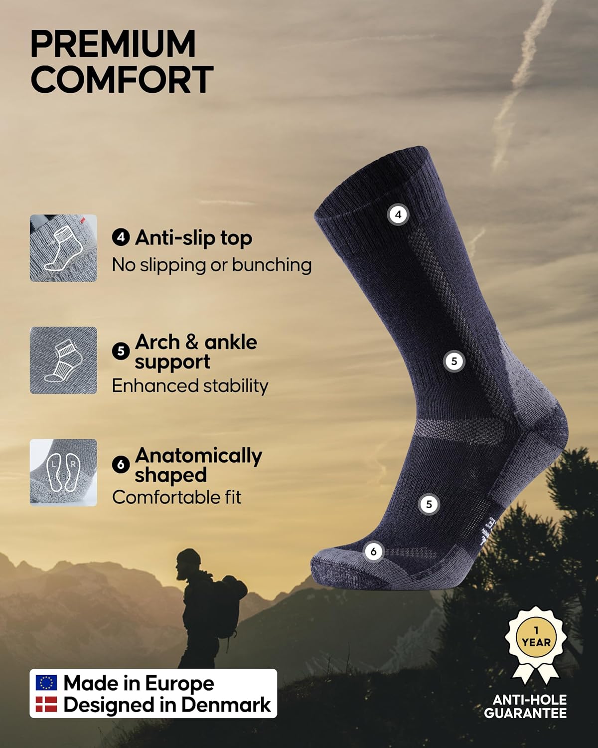 DANISH ENDURANCE Merino Wool Hiking Socks for Men & Women, Breathable, Anti-Blister Socks for Outdoors, 3 or 5-Pack