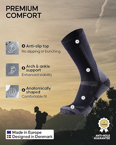 Miniatura 3 de DANISH ENDURANCE Calcetines de Senderismo de Lana Merino Tipo Crew para Hombres y Mujeres, Acolchados Anti-Ampollas, Transpirables - 3 Pares
